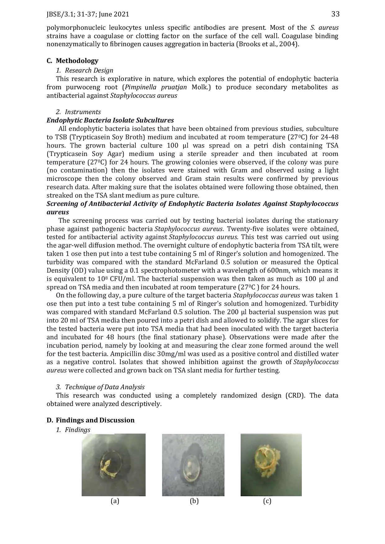 JURIS Screening of Endophytic Bacteria from Purwoceng Roots Pimpinella pruatjan Molk Antibacterial Activity Against Staphylococcus aureus