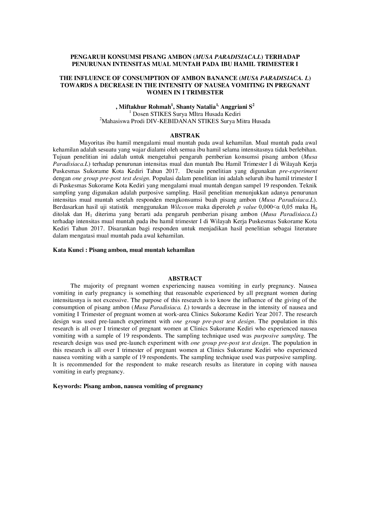 JURIS The Influence Of Consumption Of Ambon Banance Musa Paradisiaca L Towards A Decrease In The Intensity Of Nausea Vomiting In Pregnant Women In I Trimester