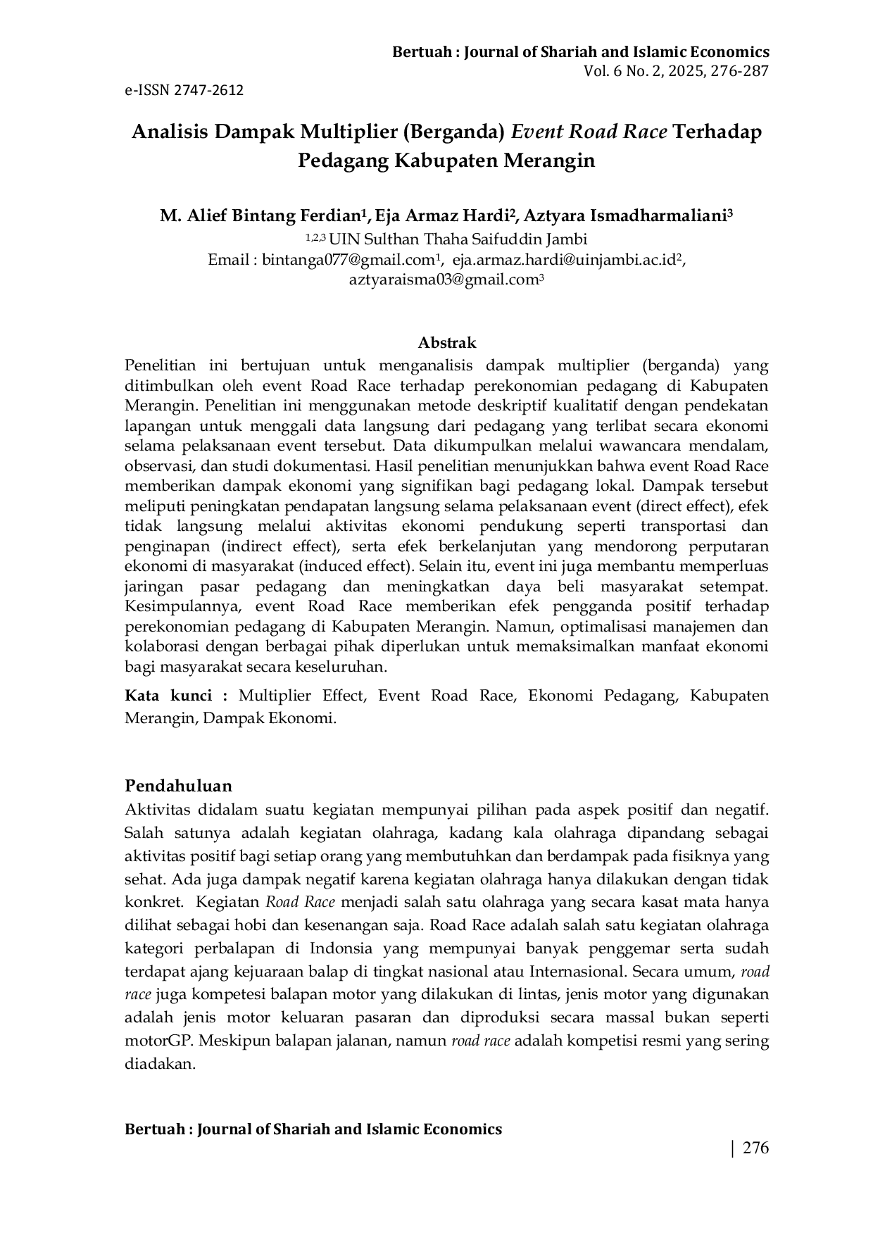 JURIS Analisis Dampak Multiplier Berganda Event Road Race Terhadap Pedagang Kabupaten Merangin