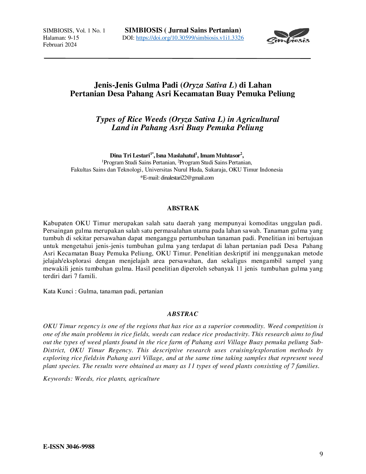 JURIS Jenis Jenis Gulma Padi Oryza Sativa L di Lahan Pertanian Desa Pahang Asri Kecamatan Buay Pemuka Peliung