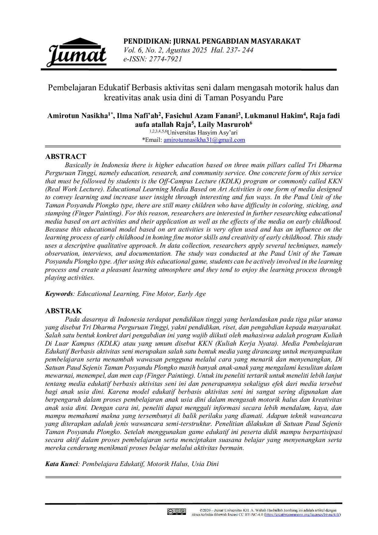 JURIS Pembelajaran Edukatif Berbasis aktivitas seni dalam mengasah motorik halus dan kreativitas anak usia dini di Taman Posyandu Pare