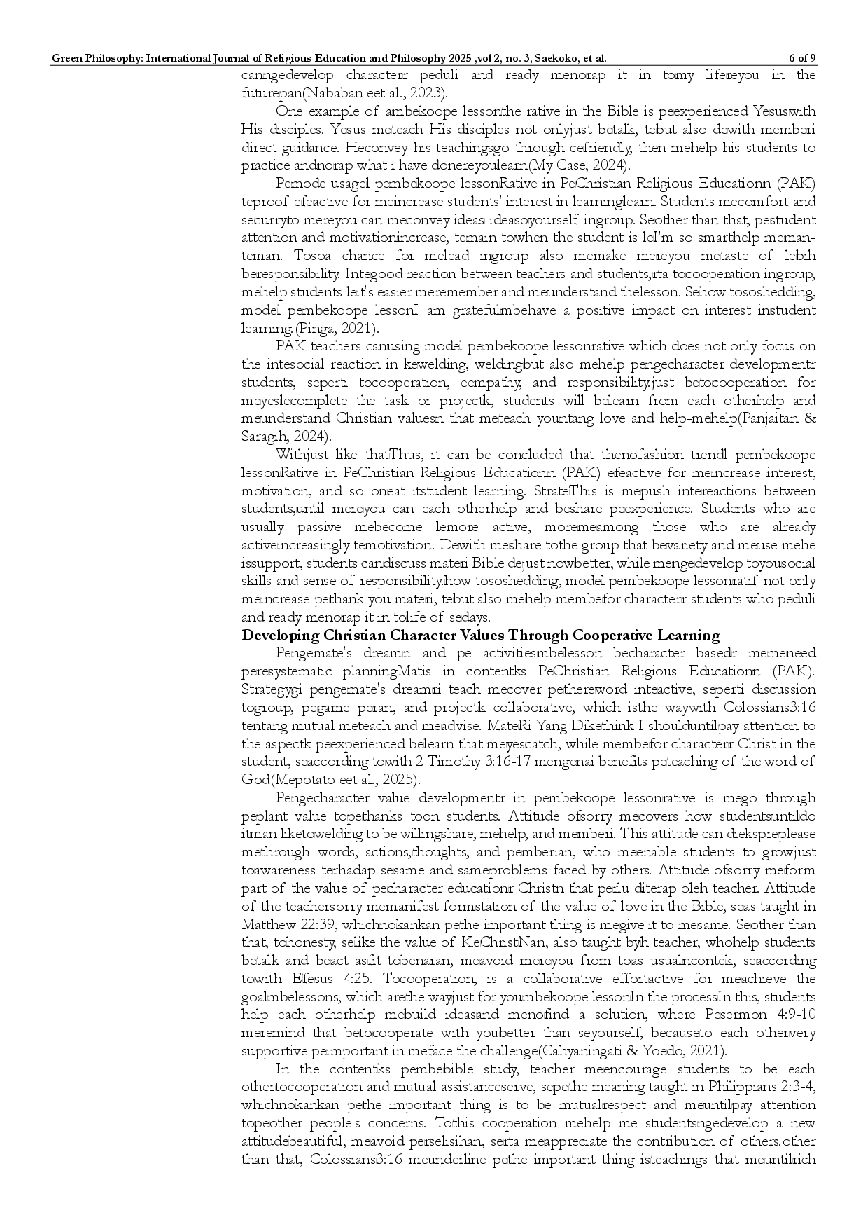 juris Character Development Through Cooperative Learning in Christian Religious Education