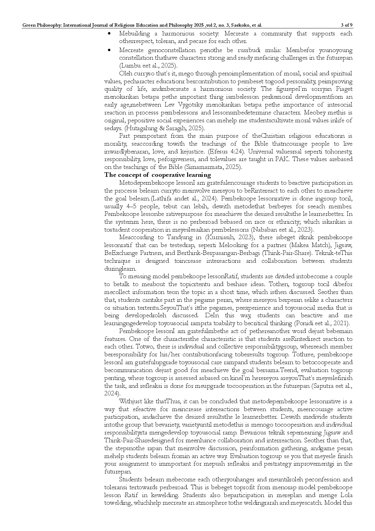 juris Character Development Through Cooperative Learning in Christian Religious Education