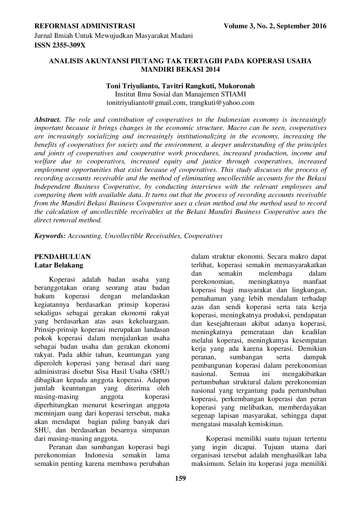 JURIS Analisis Akuntansi Piutang Tak Tertagih Pada Koperasi Usaha Mandiri Bekasi 2014