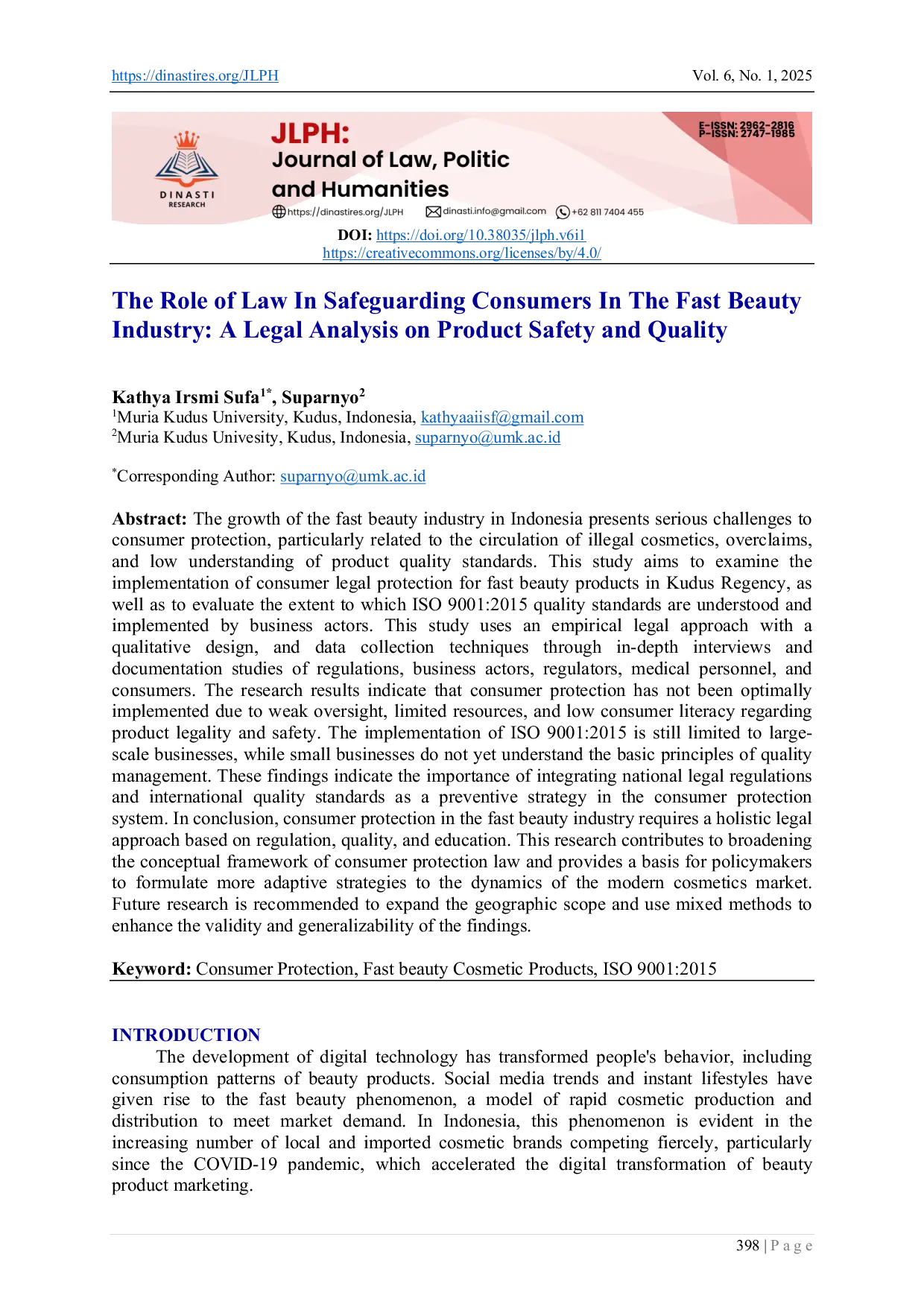 JURIS The Role of Law in Safeguarding Consumers in the Fast Beauty Industry A Legal Analysis on Product Safety and Quality