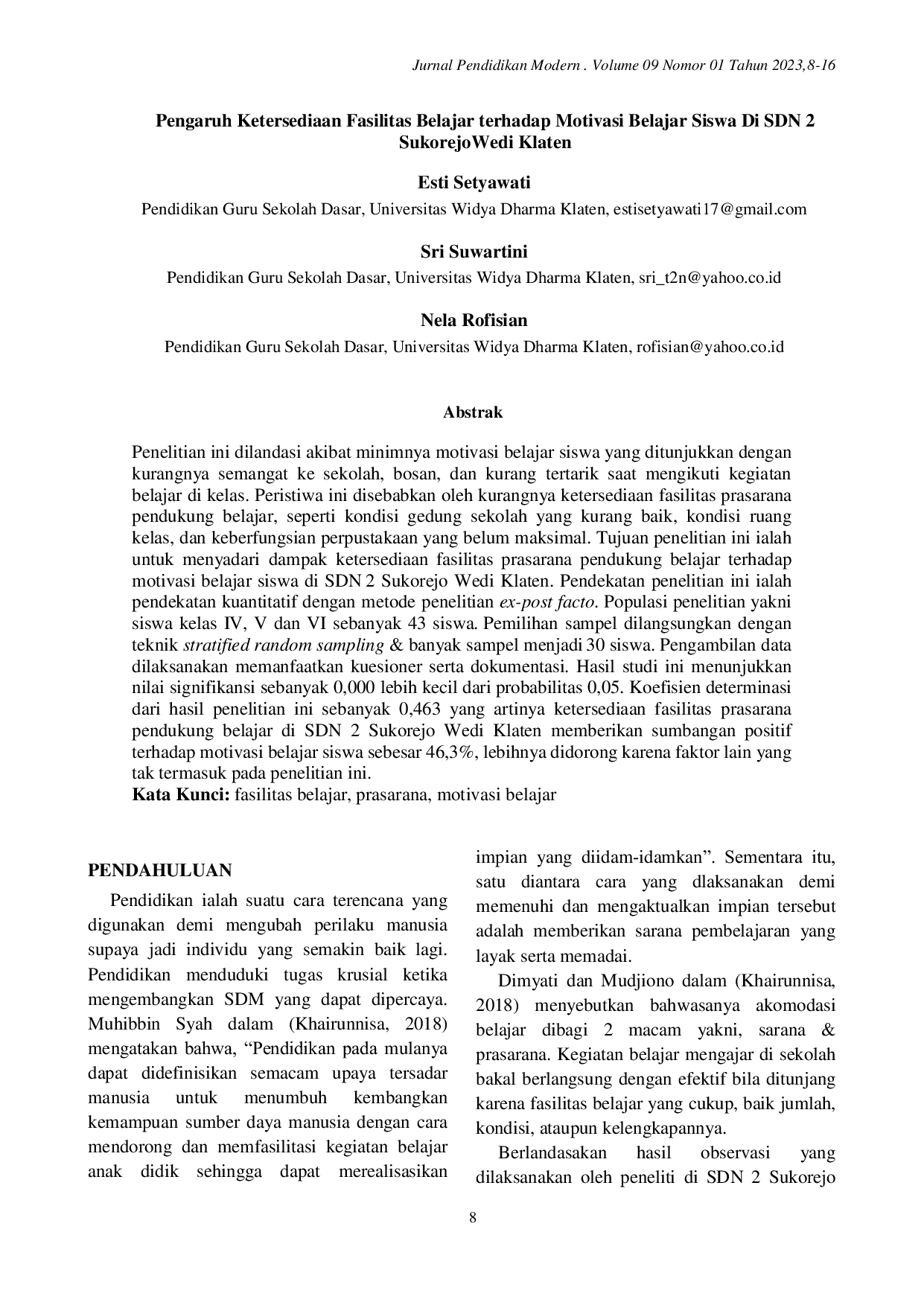 JURIS Pengaruh Ketersediaan Fasilitas Belajar terhadap Motivasi Belajar Siswa Di SDN 2 Sukorejo Wedi Klaten
