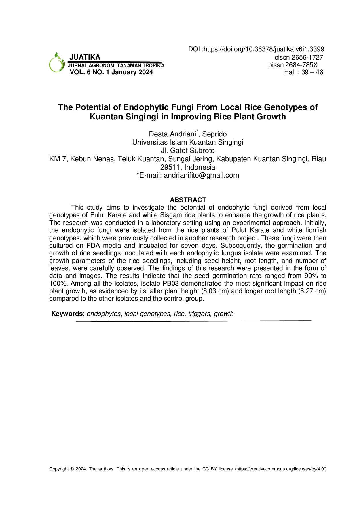 JURIS Potensi Cendawan Endofit dari Genotip Padi Lokal Kuantan Singingi dalam Meningkatkan Pertumbuhan Tanaman Padi