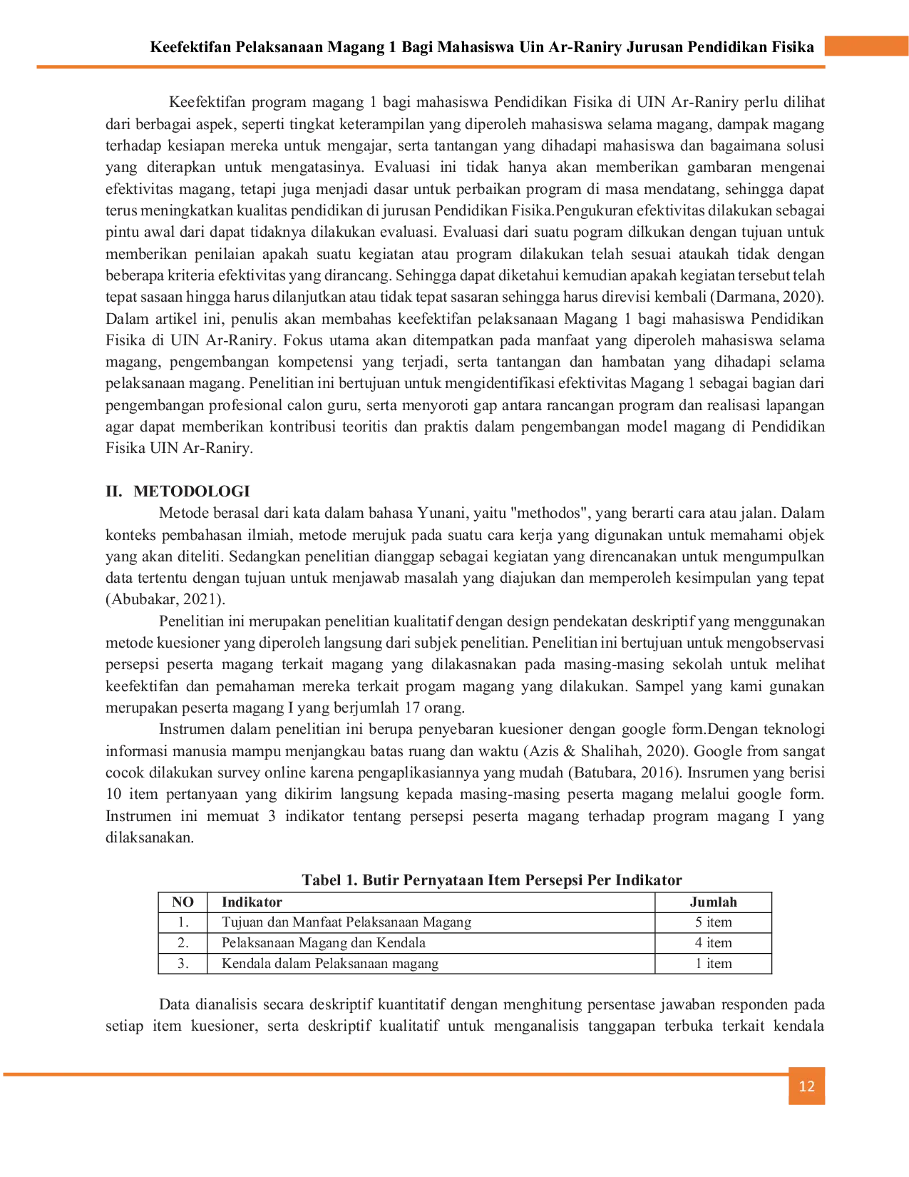 JURIS Keefektifan Pelaksanaan Magang 1 Bagi Mahasiswa Uin Ar Raniry Jurusan Pendidikan Fisika