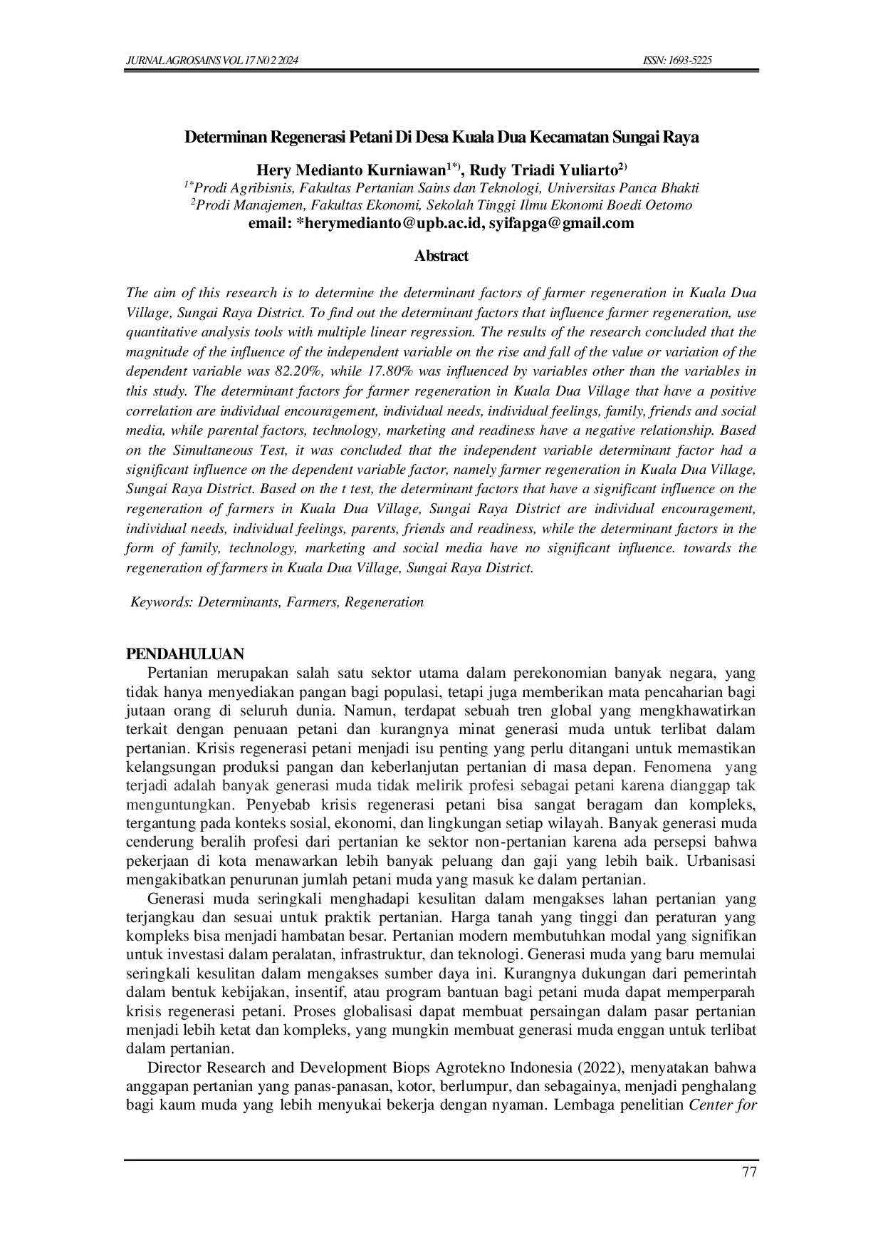 JURIS Determinan Regenerasi Petani Di Desa Kuala Dua Kecamatan Sungai Raya