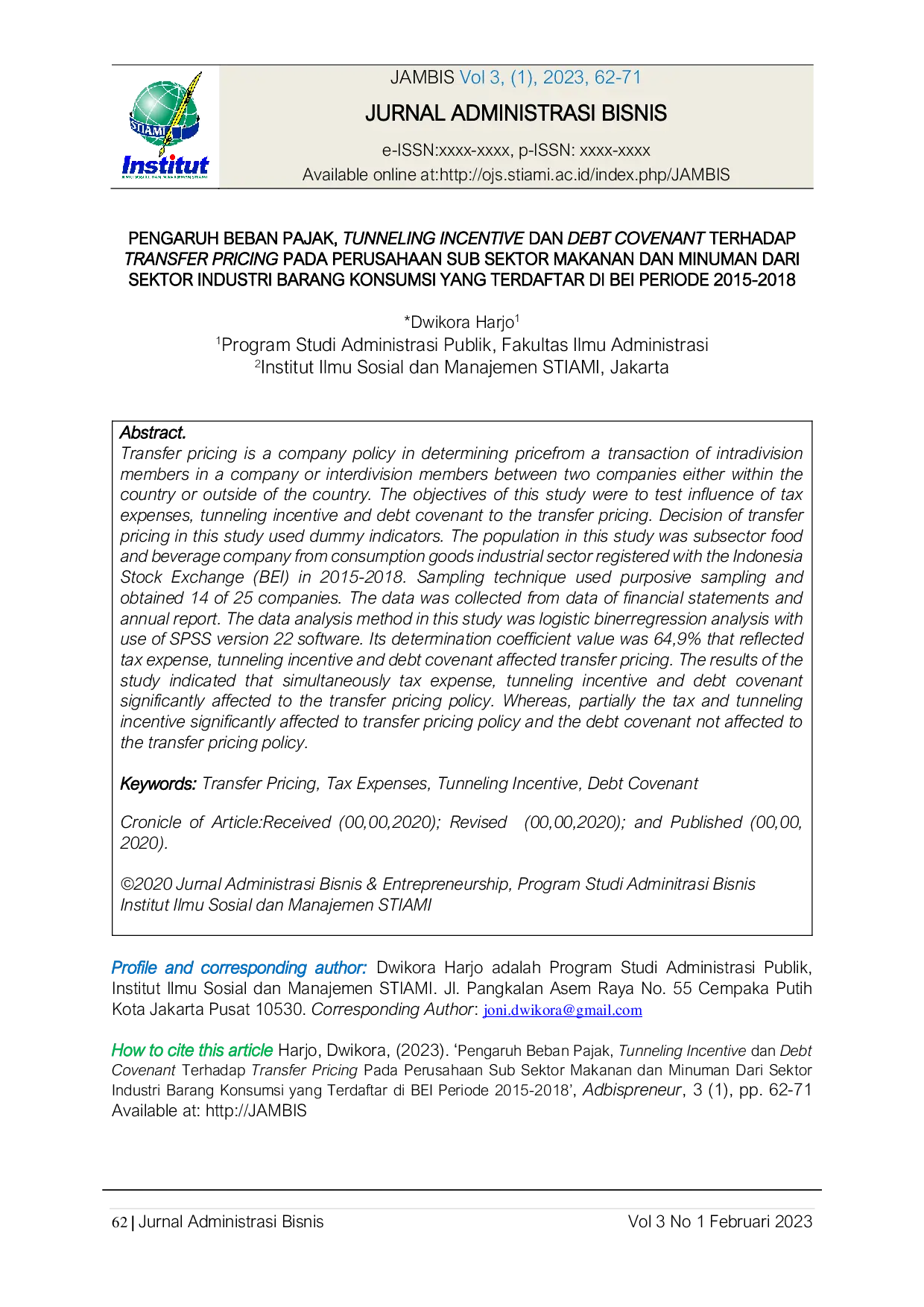 JURIS Pengaruh Beban Pajak Tunneling Incentive Dan Debt Covenant Terhadap Transfer Pricing Pada Perusahaan Sub Sektor Makanan Dan Minuman Dari Sektor Industri Barang Konsumsi Yang Terdaftar Di BEI Periode