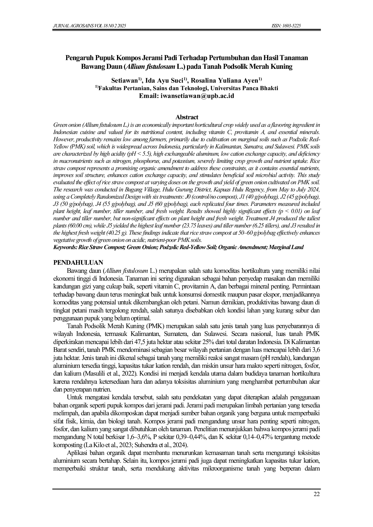 JURIS Pengaruh Pupuk Kompos Jerami Padi Terhadap Pertumbuhan dan Hasil Tanaman Bawang Daun Allium fistulosum L pada Tanah Podsolik Merah Kuning