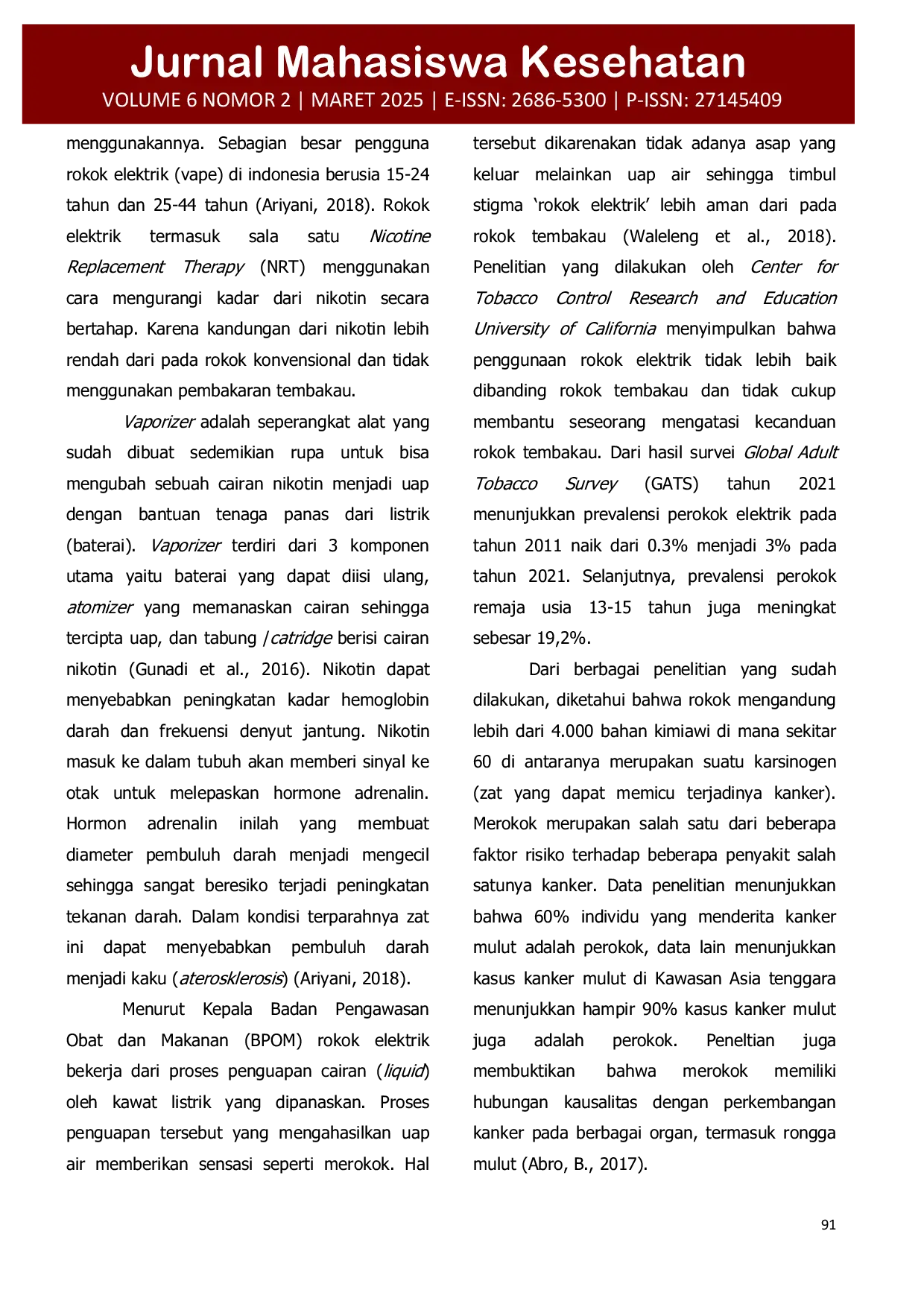 JURIS Gambaran Kadar Hemoglobin Perokok Elektrik Vapor Pada Pegawai Rumah Sakit Martha Friska Multatuli