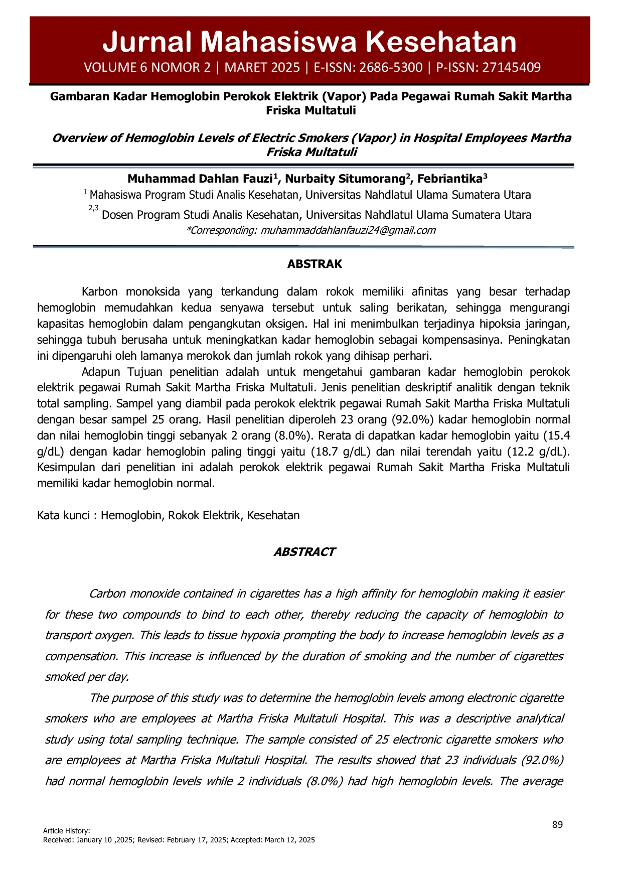 JURIS Gambaran Kadar Hemoglobin Perokok Elektrik Vapor Pada Pegawai Rumah Sakit Martha Friska Multatuli