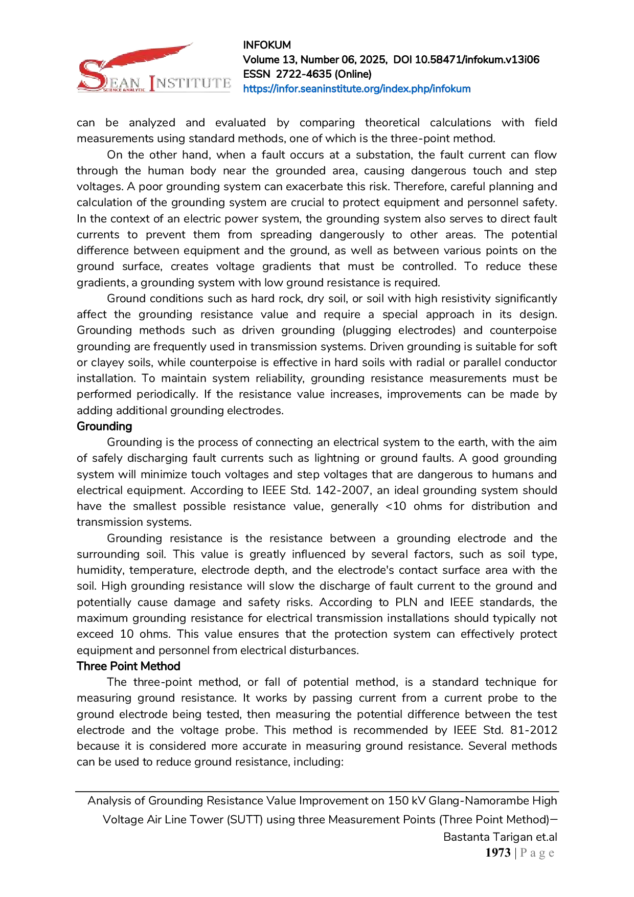 JURIS Analysis of Grounding Resistance Value Improvement on 150 kV Glang Namorambe High Voltage Air Line Tower SUTT using three Measurement Points Three Point Method