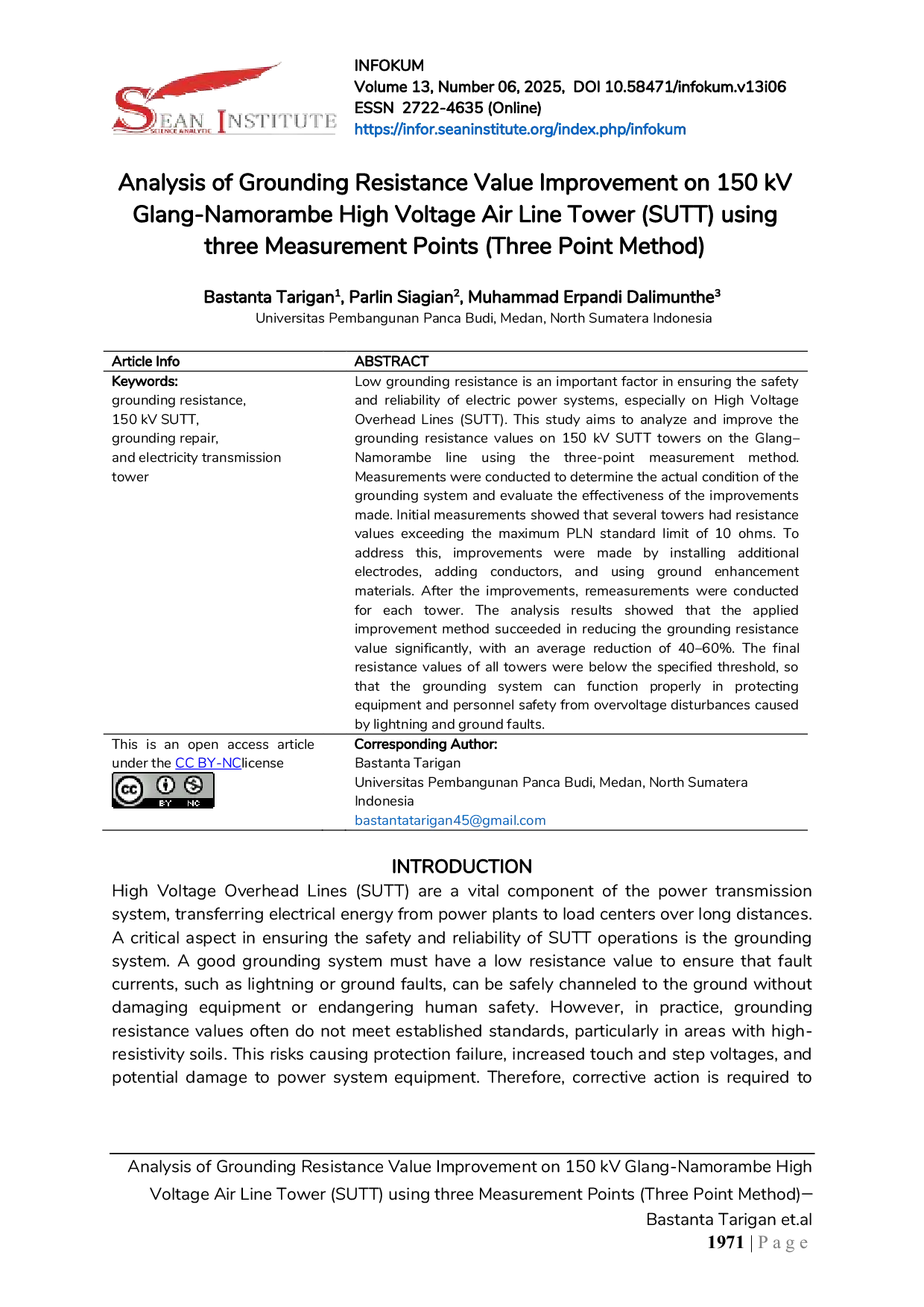 JURIS Analysis of Grounding Resistance Value Improvement on 150 kV Glang Namorambe High Voltage Air Line Tower SUTT using three Measurement Points Three Point Method