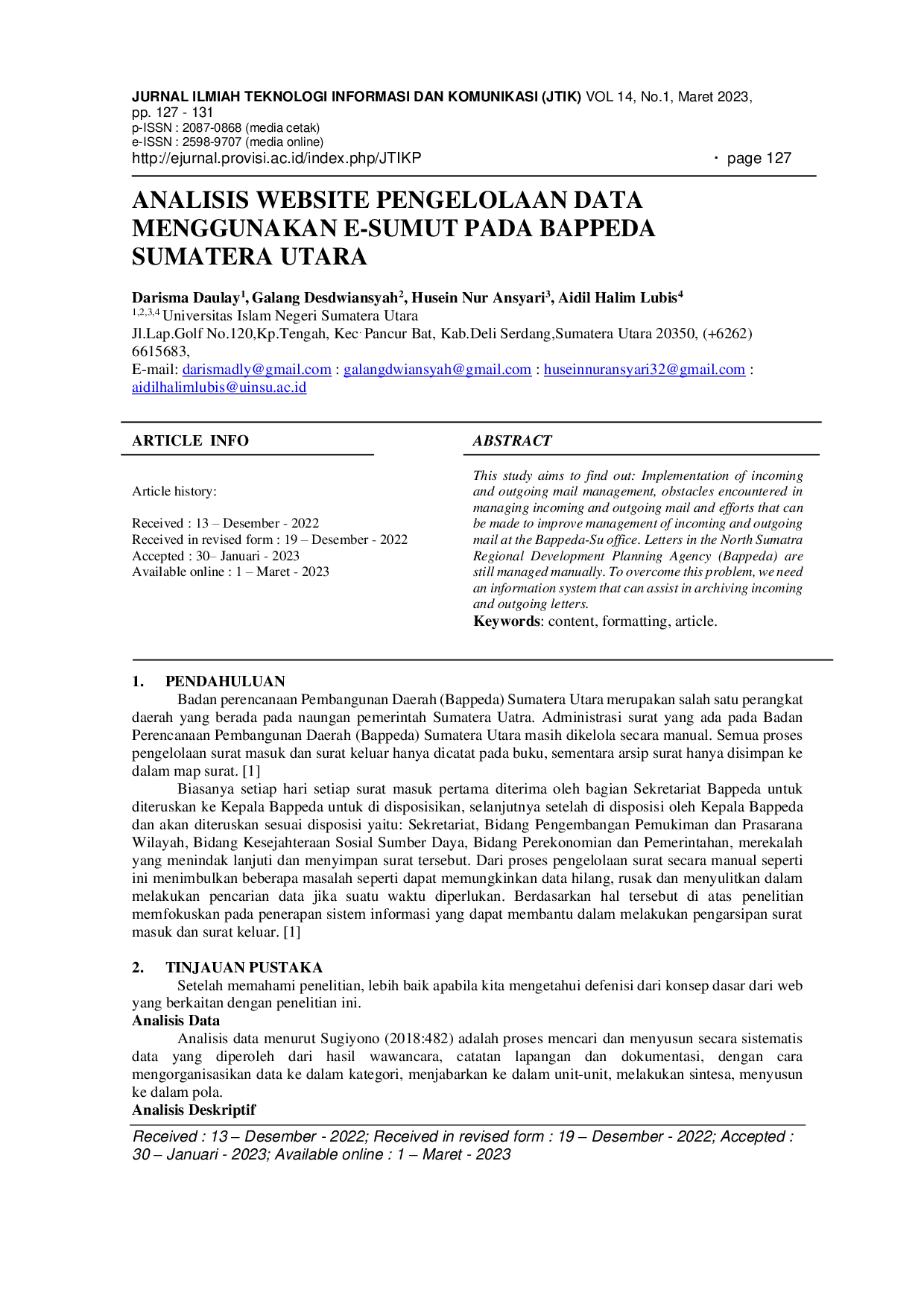 JURIS Analisis Website Pengelolaan Data Menggunakan E Sumut Pada Bappeda Sumatera Utara