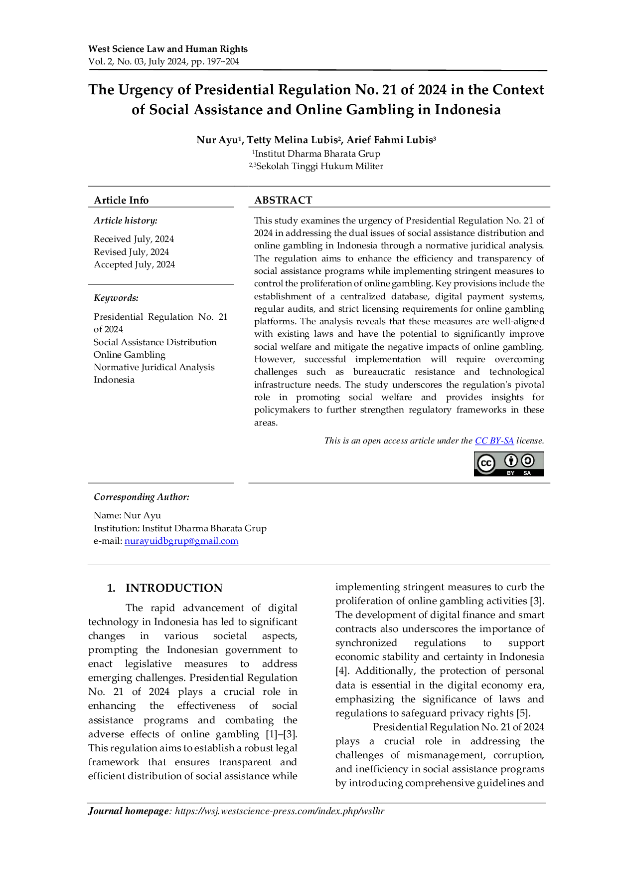 JURIS The Urgency of Presidential Regulation No 21 of 2024 in the Context of Social Assistance and Online Gambling in Indonesia