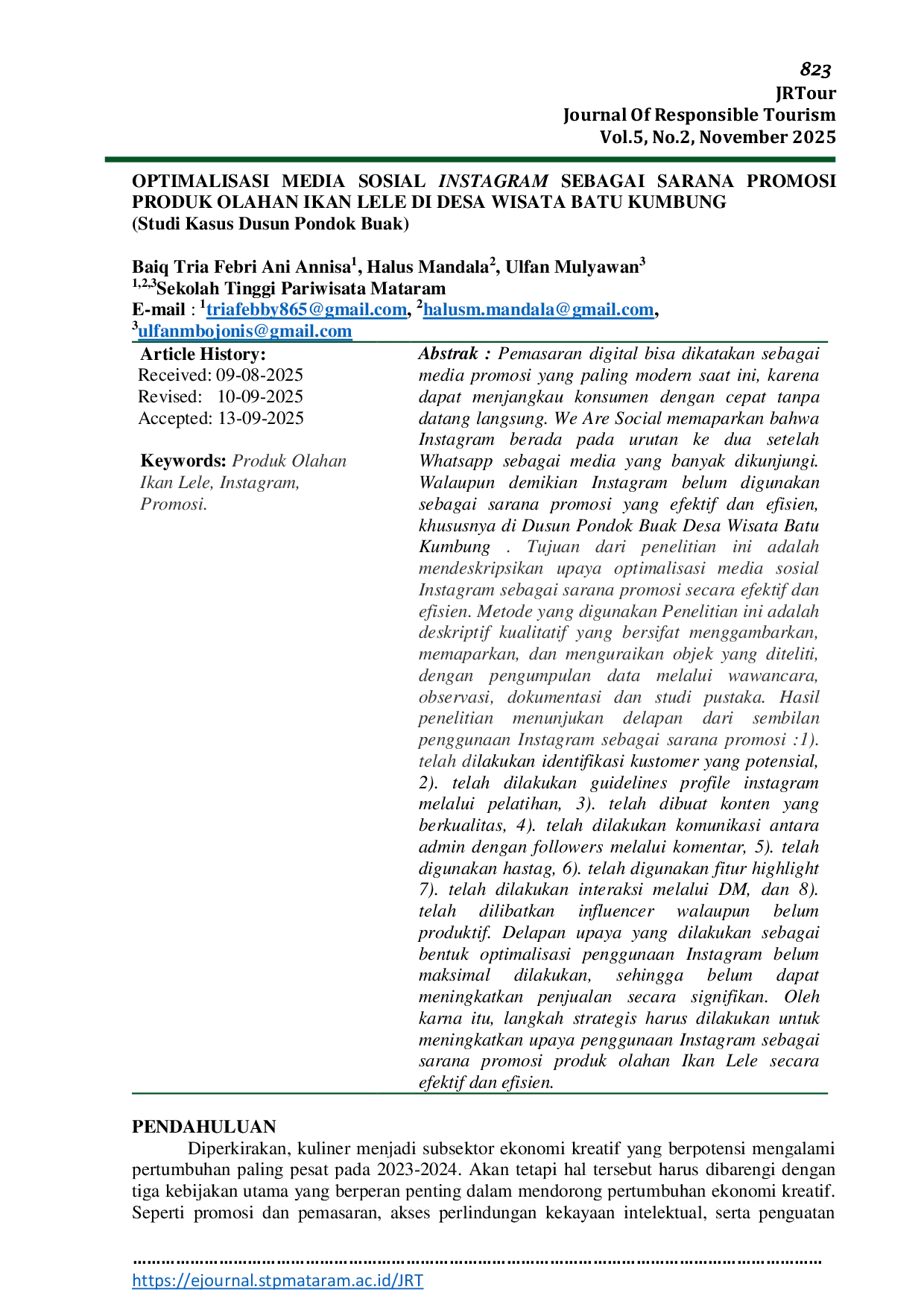 JURIS OPTIMALISASI MEDIA SOSIAL INSTAGRAM SEBAGAI SARANA PROMOSI PRODUK OLAHAN IKAN LELE DI DESA WISATA BATU KUMBUNG Studi Kasus Dusun Pondok Buak