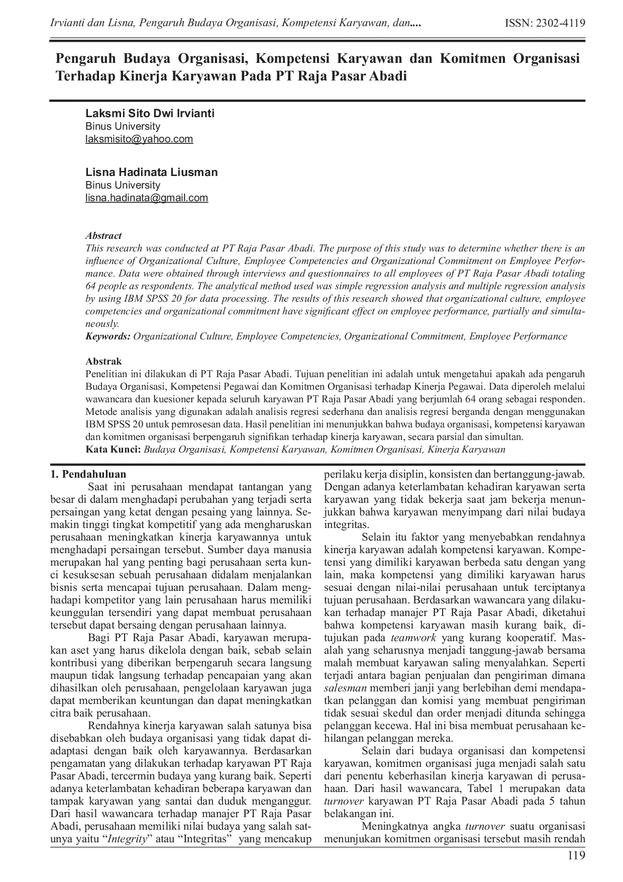 JURIS Pengaruh Budaya Organisasi Kompetensi Karyawan dan Komitmen Organisasi Terhadap Kinerja Karyawan Pada PT Raja Pasar Abadi