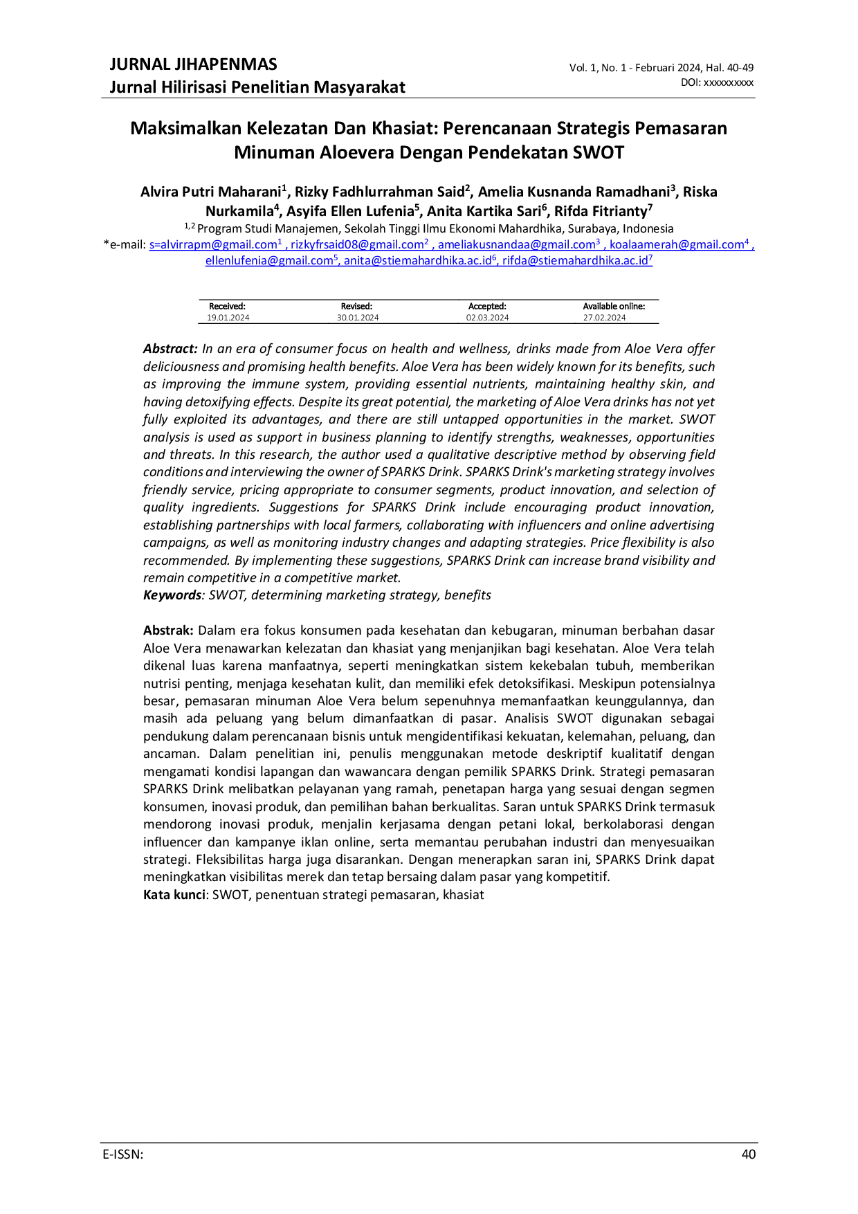 JURIS Maksimalkan Kelezatan Dan Khasiat Perencanaan Strategis Pemasaran Minuman Aloevera Dengan Pendekatan SWOT