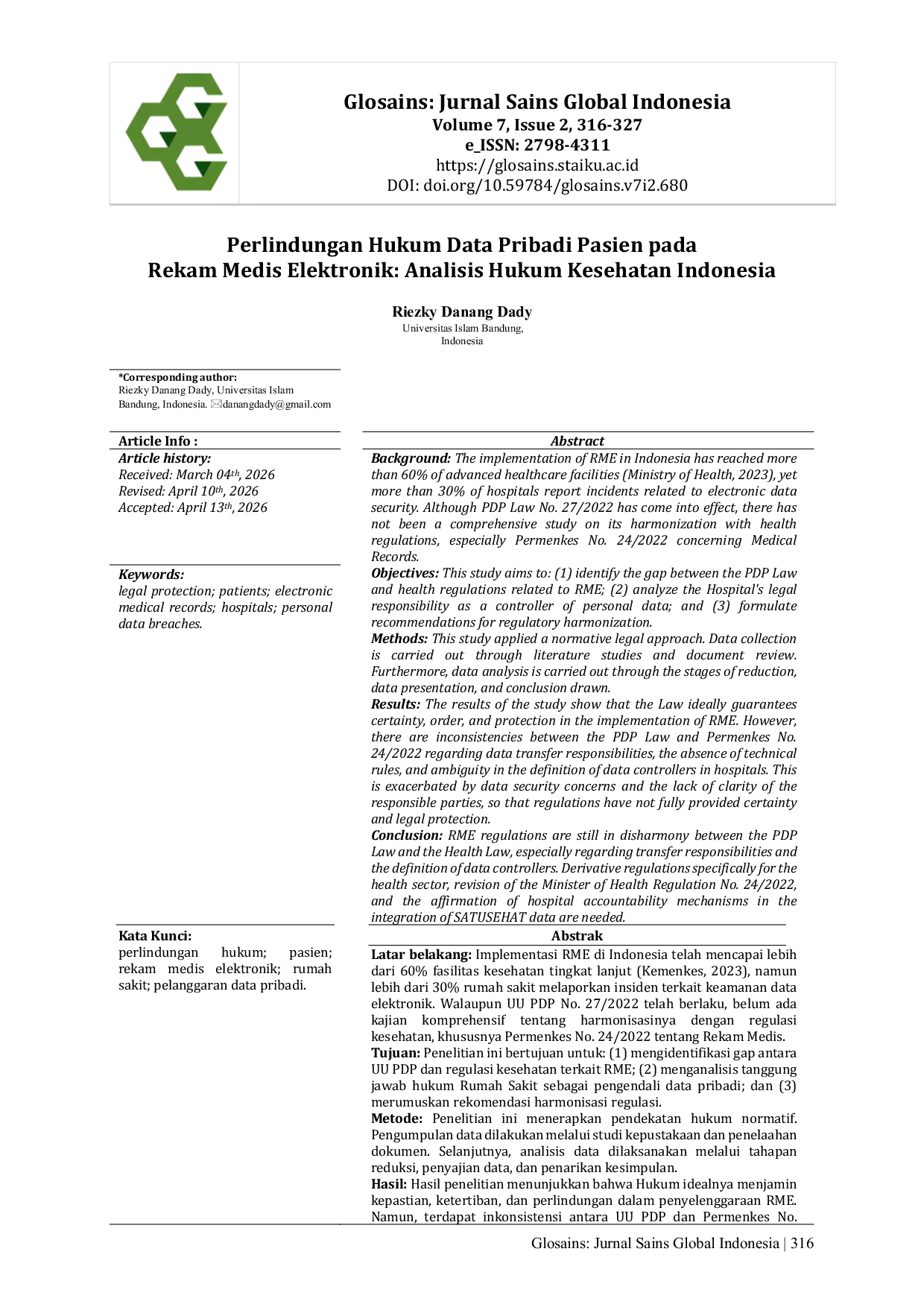 JURIS Perlindungan Hukum Data Pribadi Pasien pada Rekam Medis Elektronik Analisis Hukum Kesehatan Indonesia