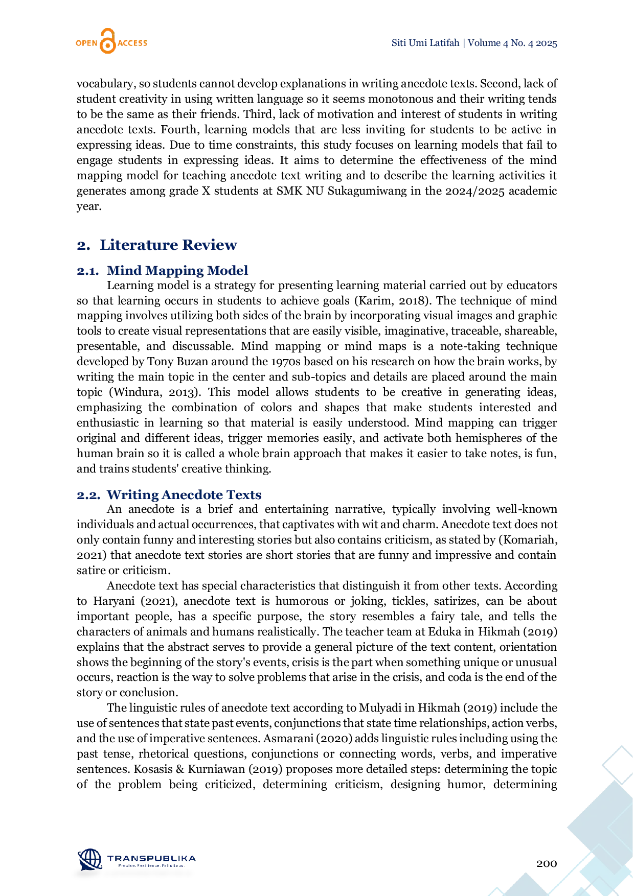 JURIS The Implementation of the Mind Mapping Model in Teaching Anecdote Text Writing among Grade X Vocational High School Students in the 2024 2025 Academic Year