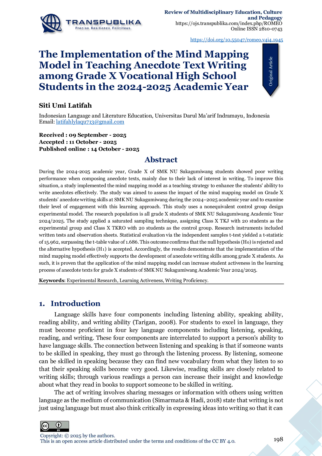 JURIS The Implementation of the Mind Mapping Model in Teaching Anecdote Text Writing among Grade X Vocational High School Students in the 2024 2025 Academic Year