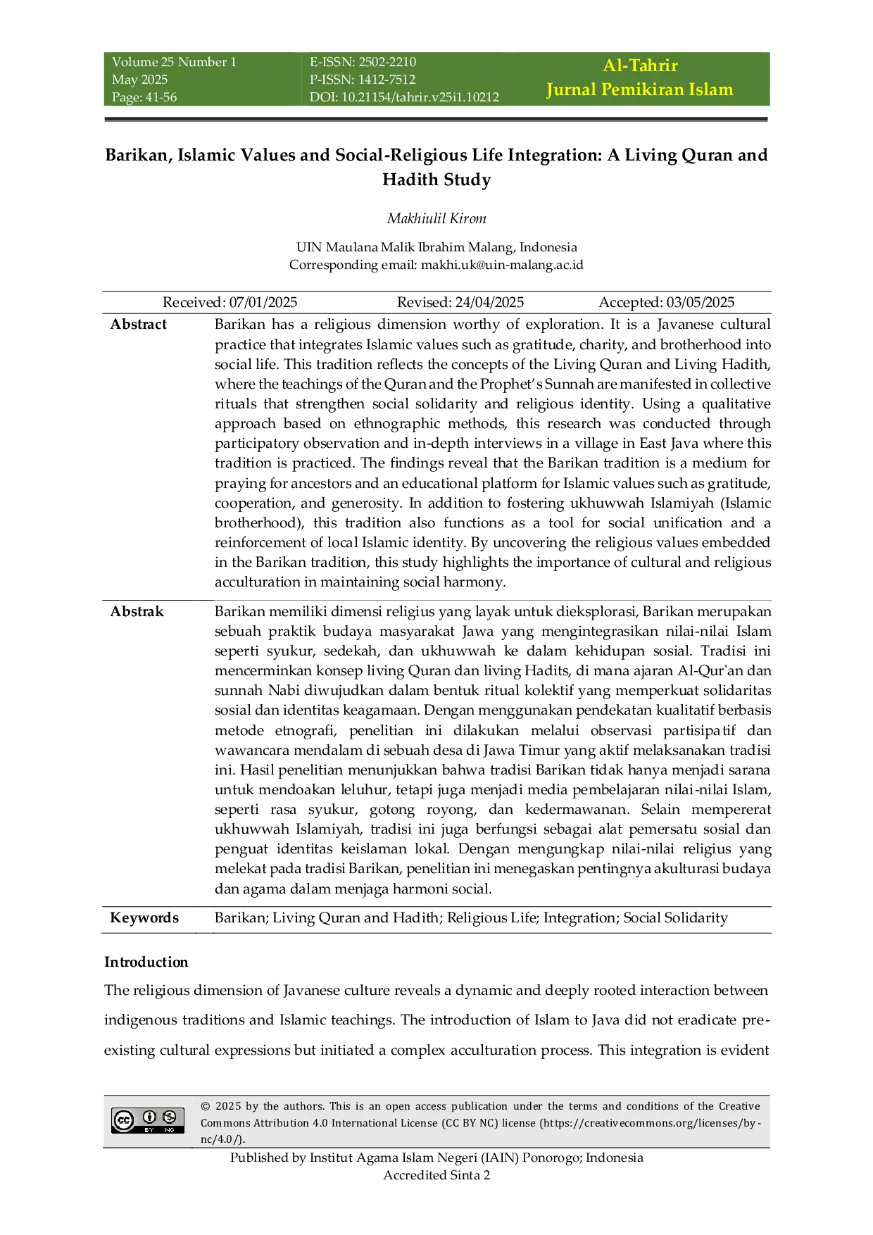 JURIS Barikan Islamic Values and Social Religious Life Integration A Living Quran and Hadith Study