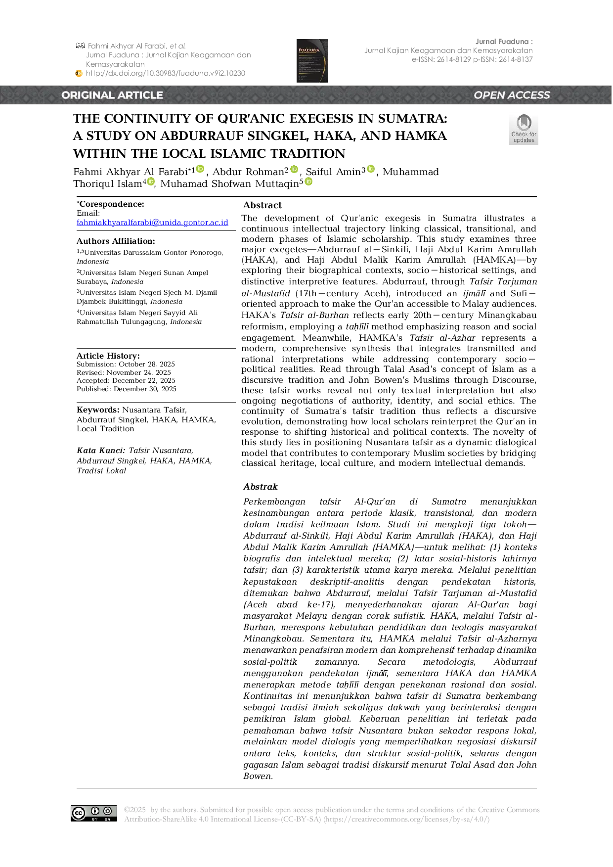 JURIS The Continuity of Qur anic Exegesis in Sumatra A Study of Abdrurrauf Singkel HAKA and HAMKA within the Local Islamic Tradition