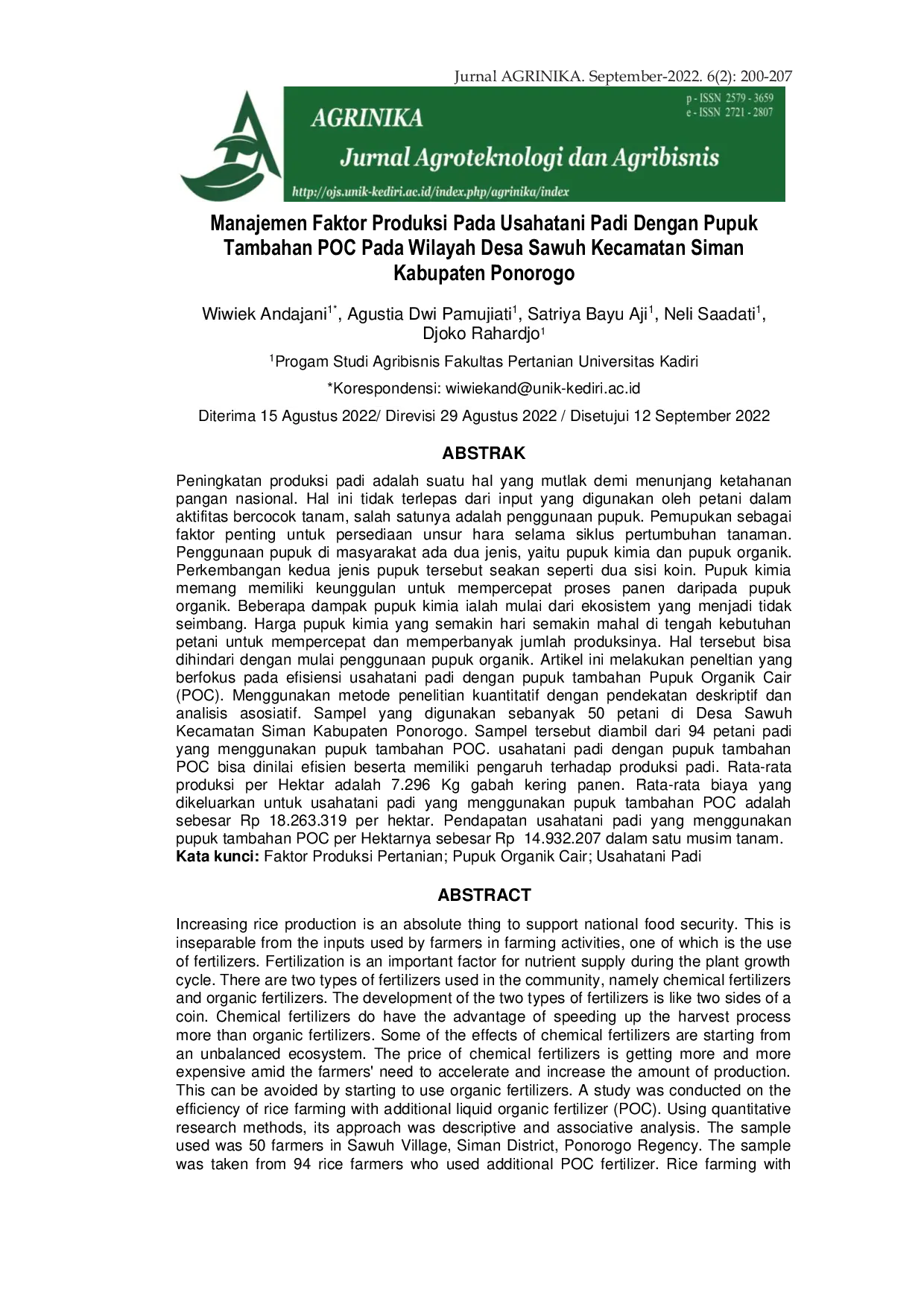 JURIS Manajemen Faktor Produksi Usahatani Padi Dengan Pupuk Tambahan POC