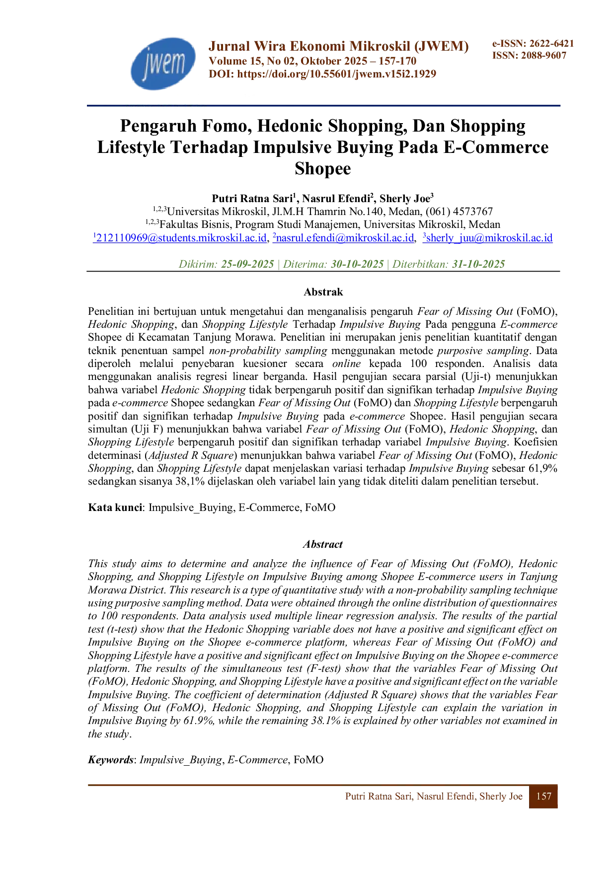 JURIS Pengaruh Fomo Hedonic Shopping Dan Shopping Lifestyle Terhadap Impulsive Buying Pada E Commerce Shopee