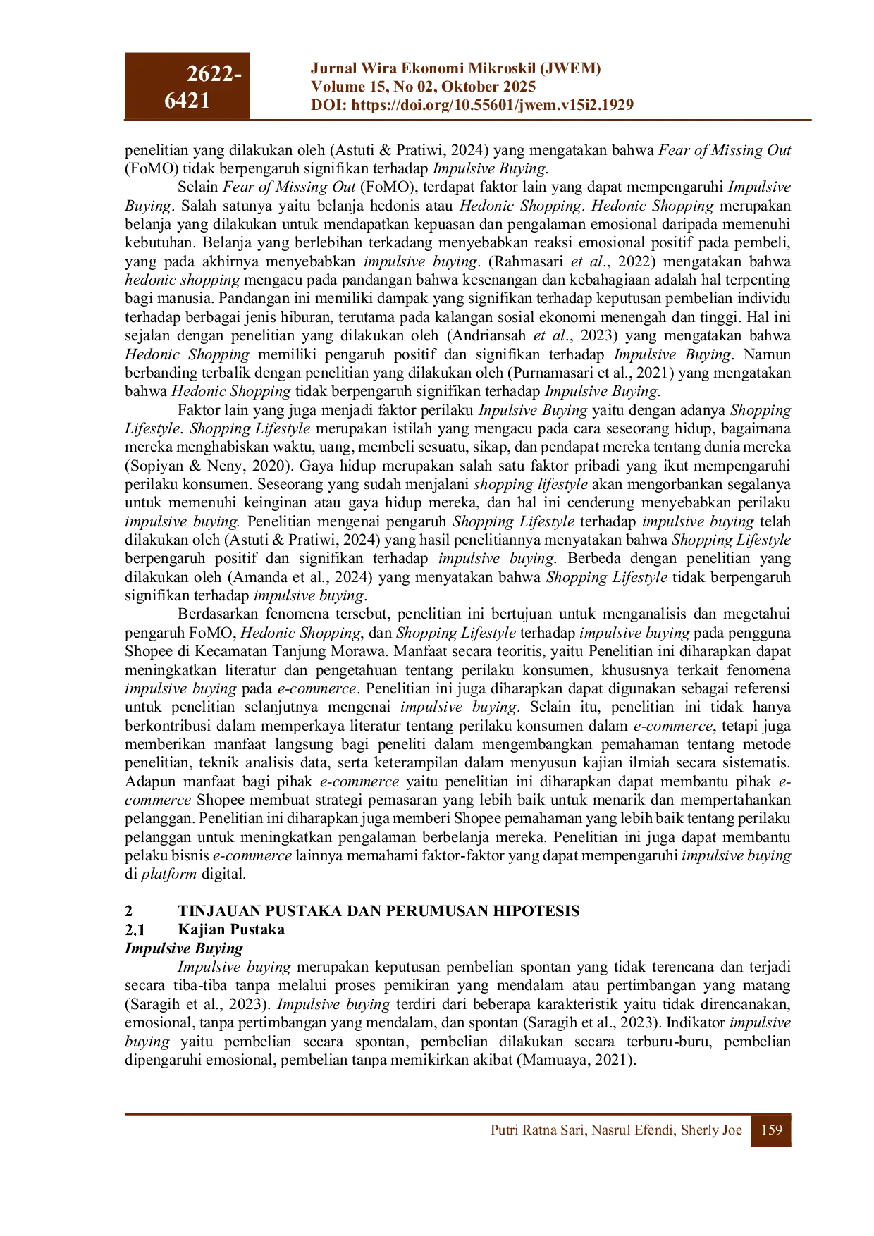 JURIS Pengaruh Fomo Hedonic Shopping Dan Shopping Lifestyle Terhadap Impulsive Buying Pada E Commerce Shopee