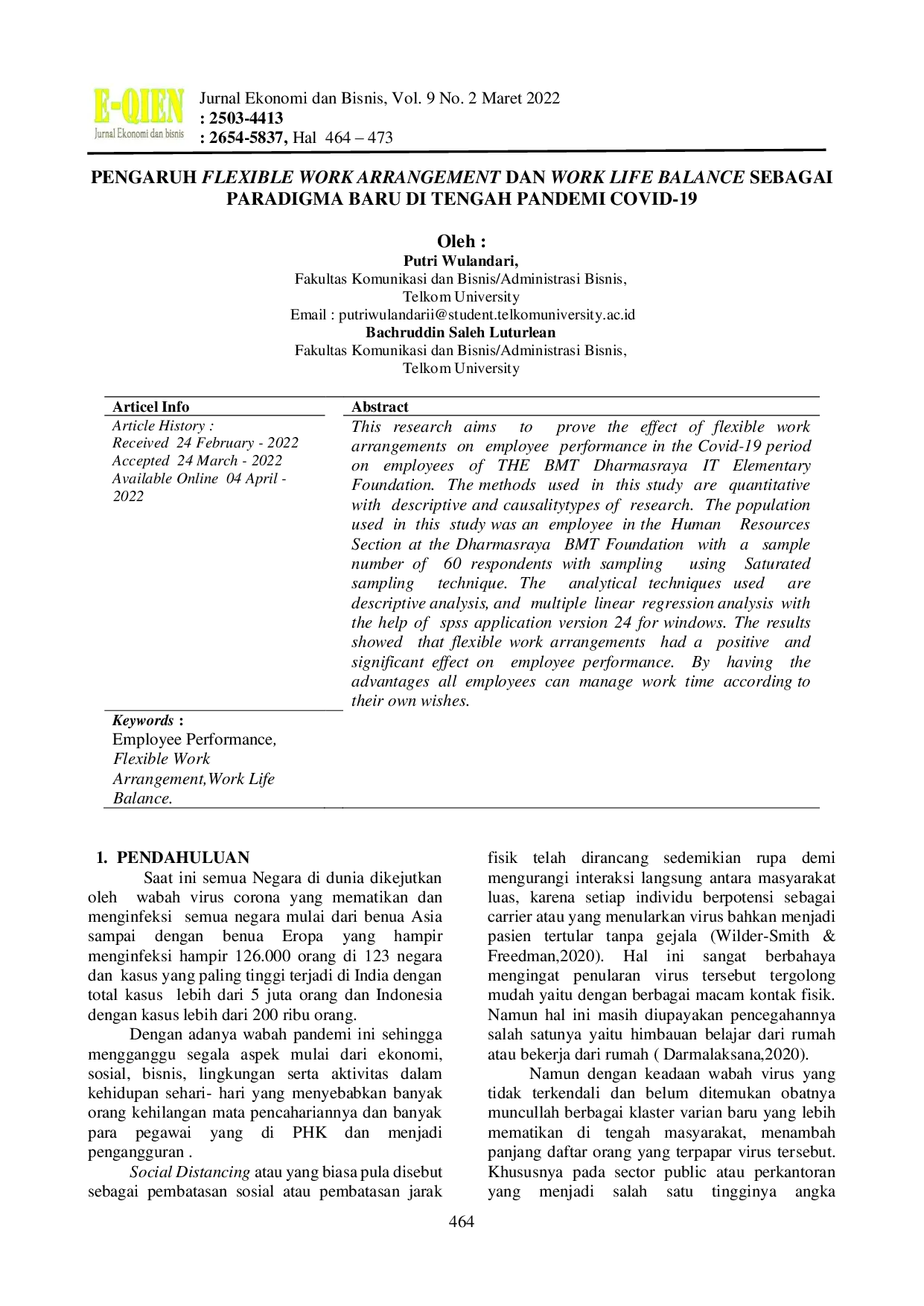 JURIS Pengaruh Flexible Work Arrangement Dan Work Life Balance Sebagai Paradigma Baru Di Tengah Pandemi Covid 19