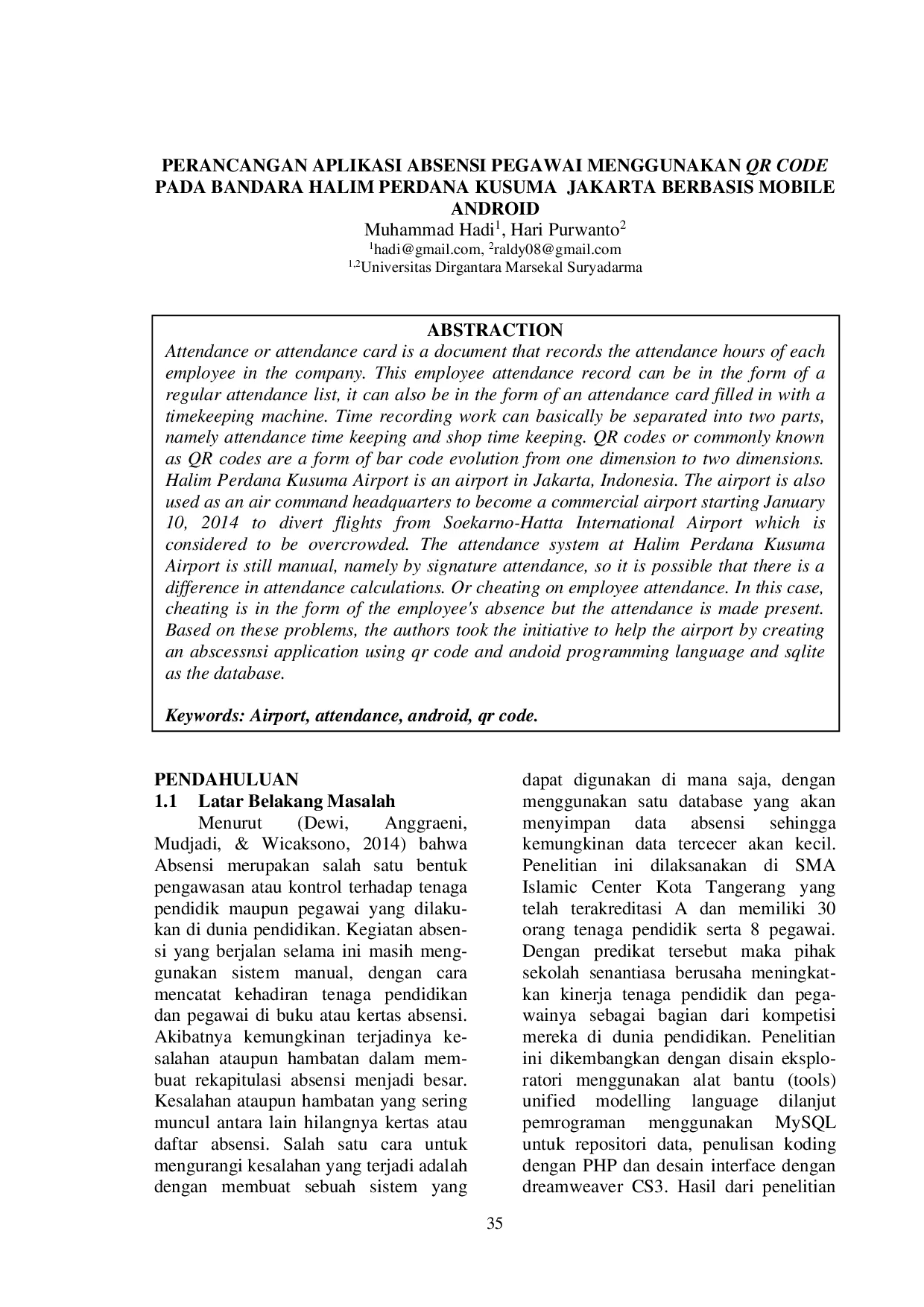 JURIS Perancangan Aplikasi Absensi Pegawai Menggunakan Qr Code Pada Bandara Halim Perdana Kusuma Jakarta Berbasis Mobile Android