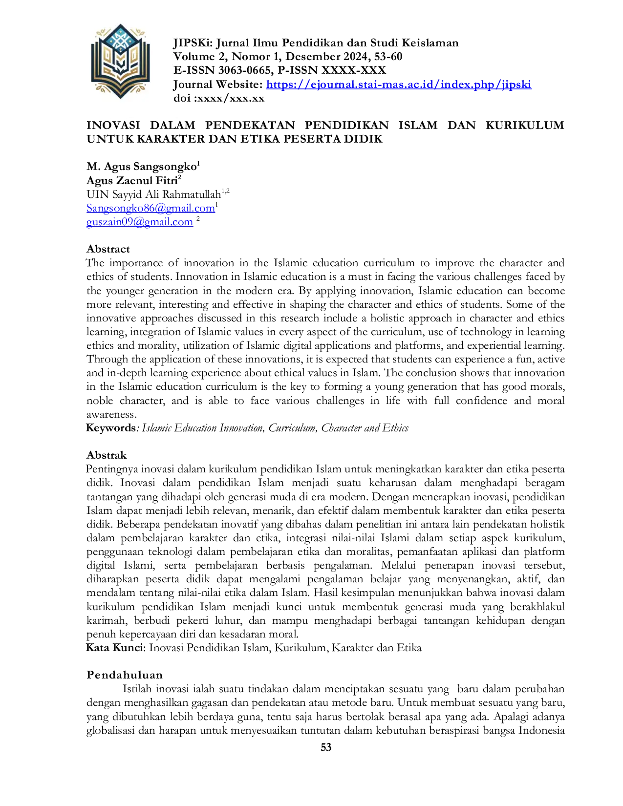 JURIS Inovasi Dalam Pendekatan Pendidikan Islam Dan Kurikulum Untuk Karakter Dan Etika Peserta Didik