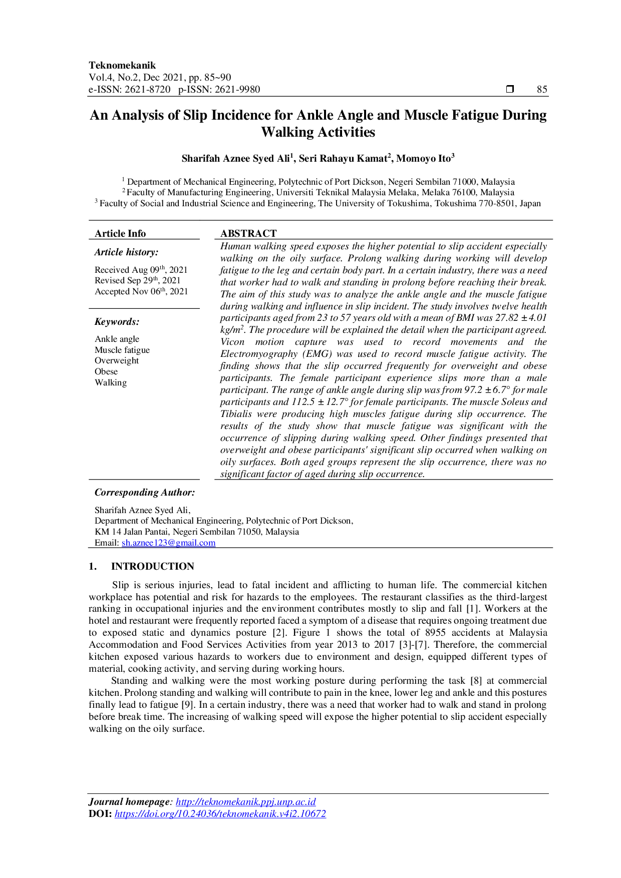 juris An Analysis of Slip Incidence for Ankle Angle and Muscle Fatigue During Walking Activities