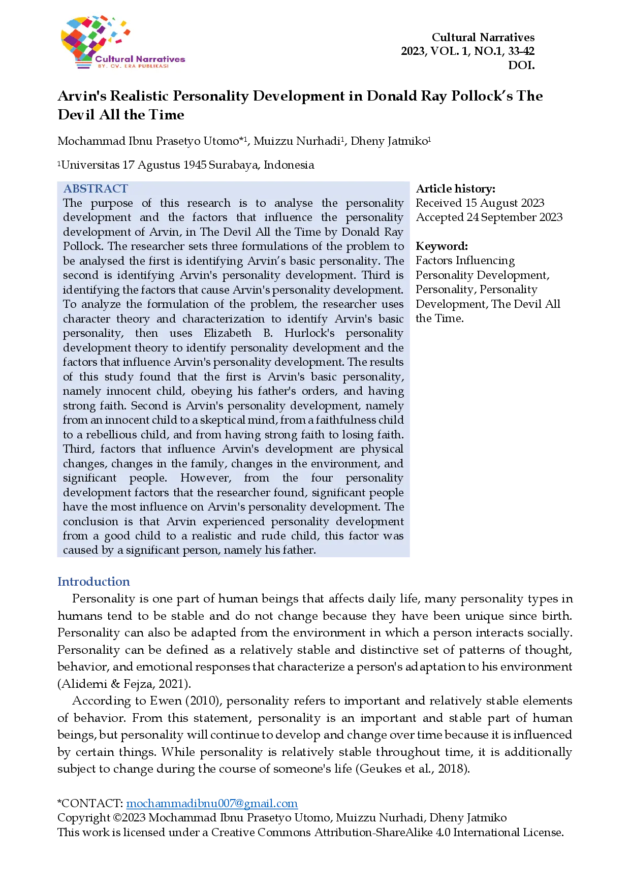 juris Arvin s Realistic Personality Development in Donald Ray Pollock s The Devil All the Time