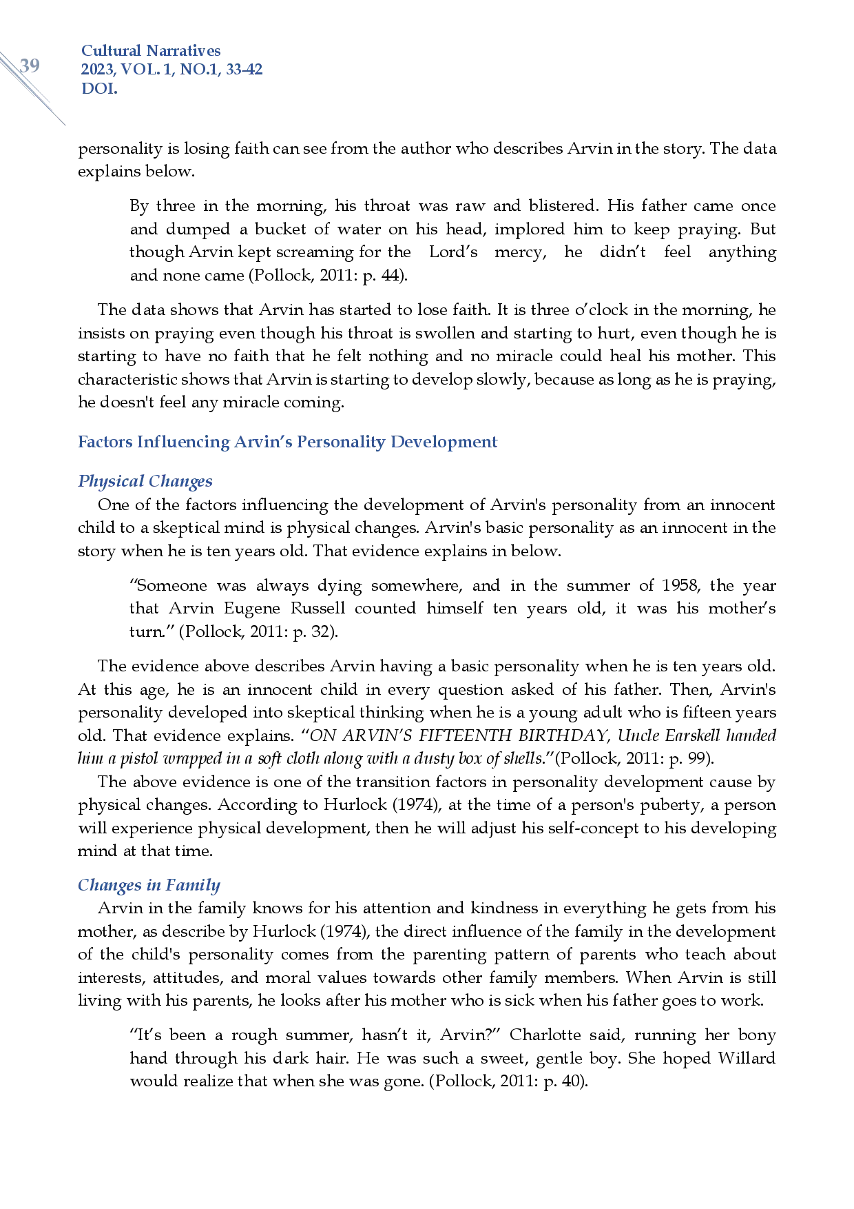 juris Arvin s Realistic Personality Development in Donald Ray Pollock s The Devil All the Time
