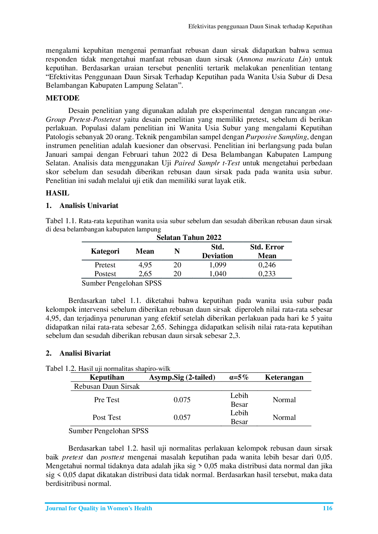 JURIS Efektivitas penggunaan Daun Sirsak terhadap Keputihan pada Wanita Usia Subur di Desa Belambangan Kabupaten Lampung Selatan Tahun 2022