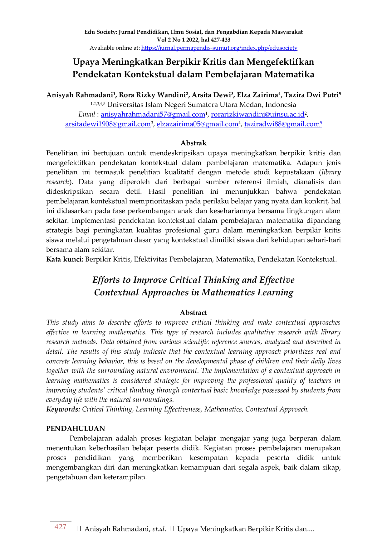 JURIS Upaya Meningkatkan Berpikir Kritis dan Mengefektifkan Pendekatan Kontekstual dalam Pembelajaran Matematika