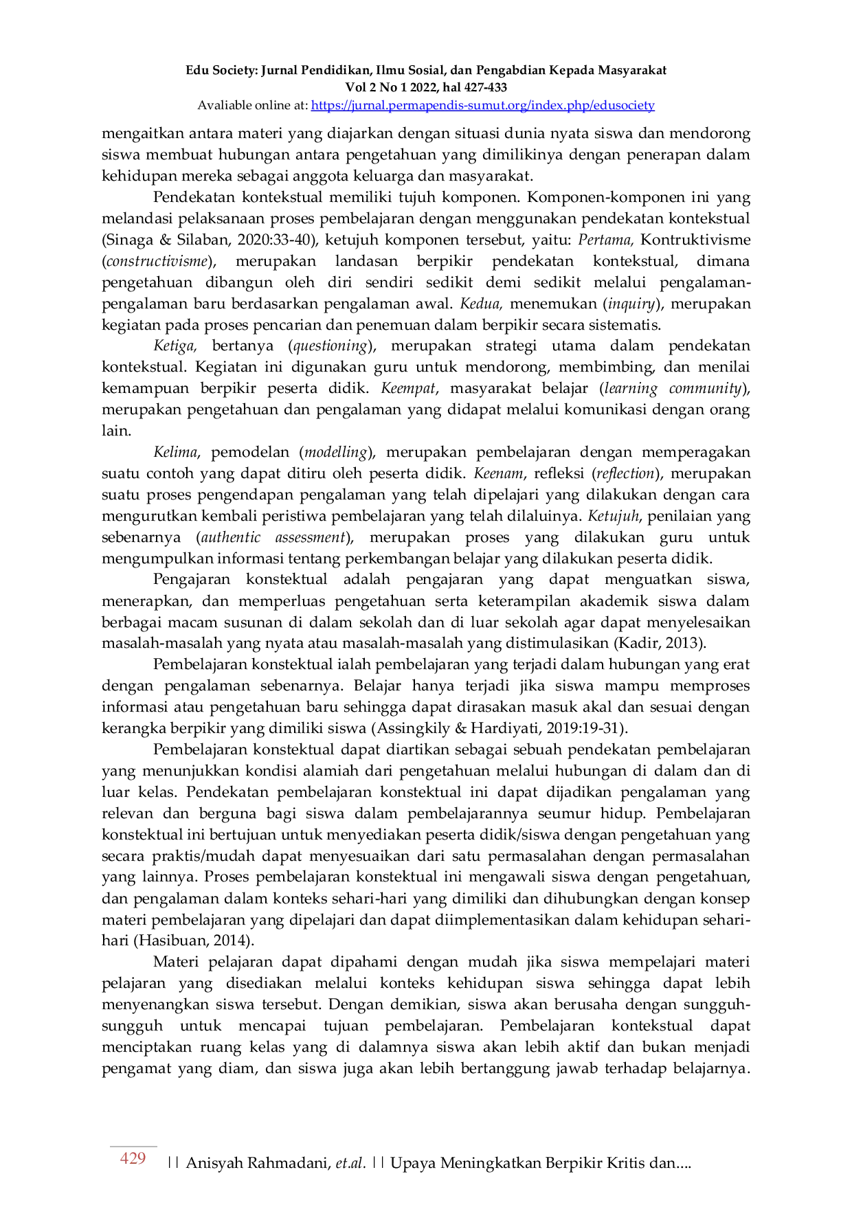 JURIS Upaya Meningkatkan Berpikir Kritis dan Mengefektifkan Pendekatan Kontekstual dalam Pembelajaran Matematika