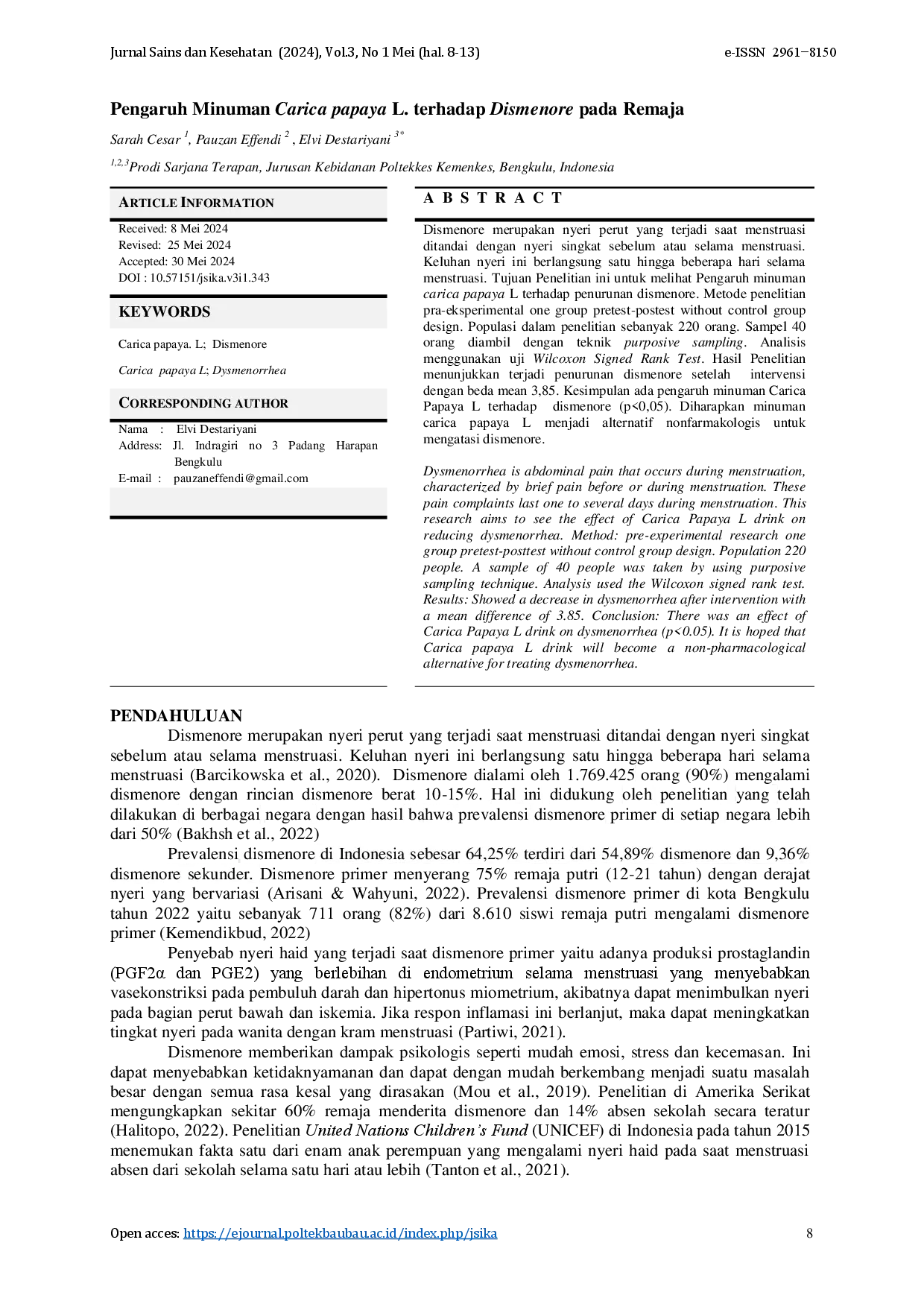 juris Pengaruh Minuman Carica Papaya L Terhadap Dismenore Pada Remaja