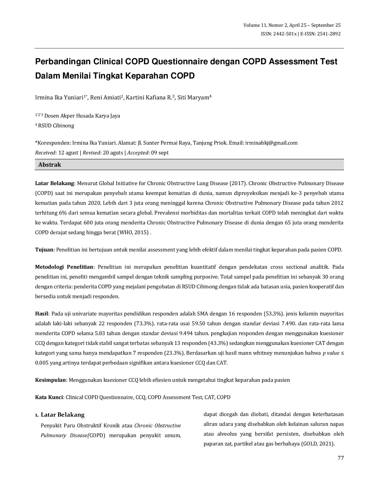JURIS Perbandingan Clinical COPD Questionnaire dengan COPD Assessment Test Dalam Menilai Tingkat Keparahan COPD