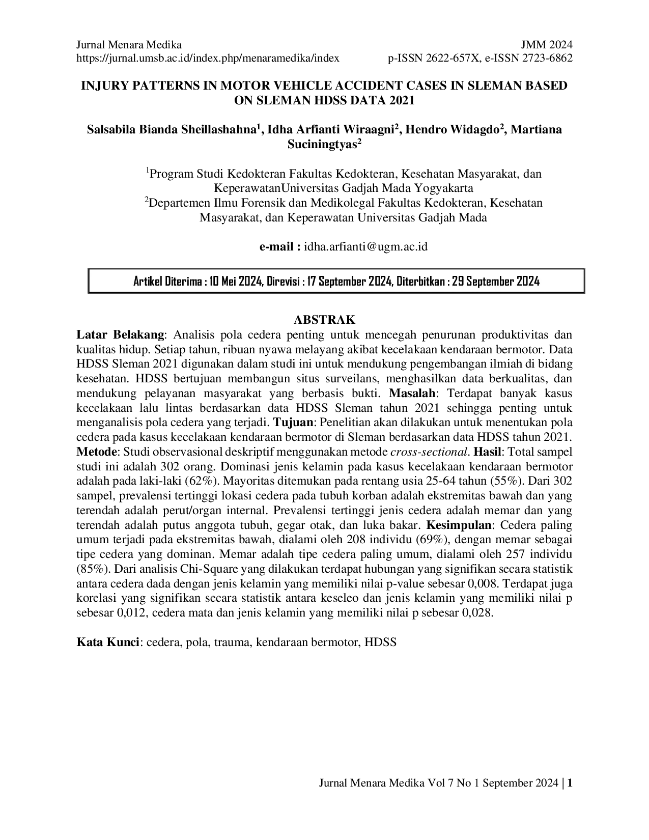 JURIS Pola Cedera pada Kasus Kecelakaan Kendaraan Bermotor di Sleman Berdasarkan Data HDSS Tahun 2021