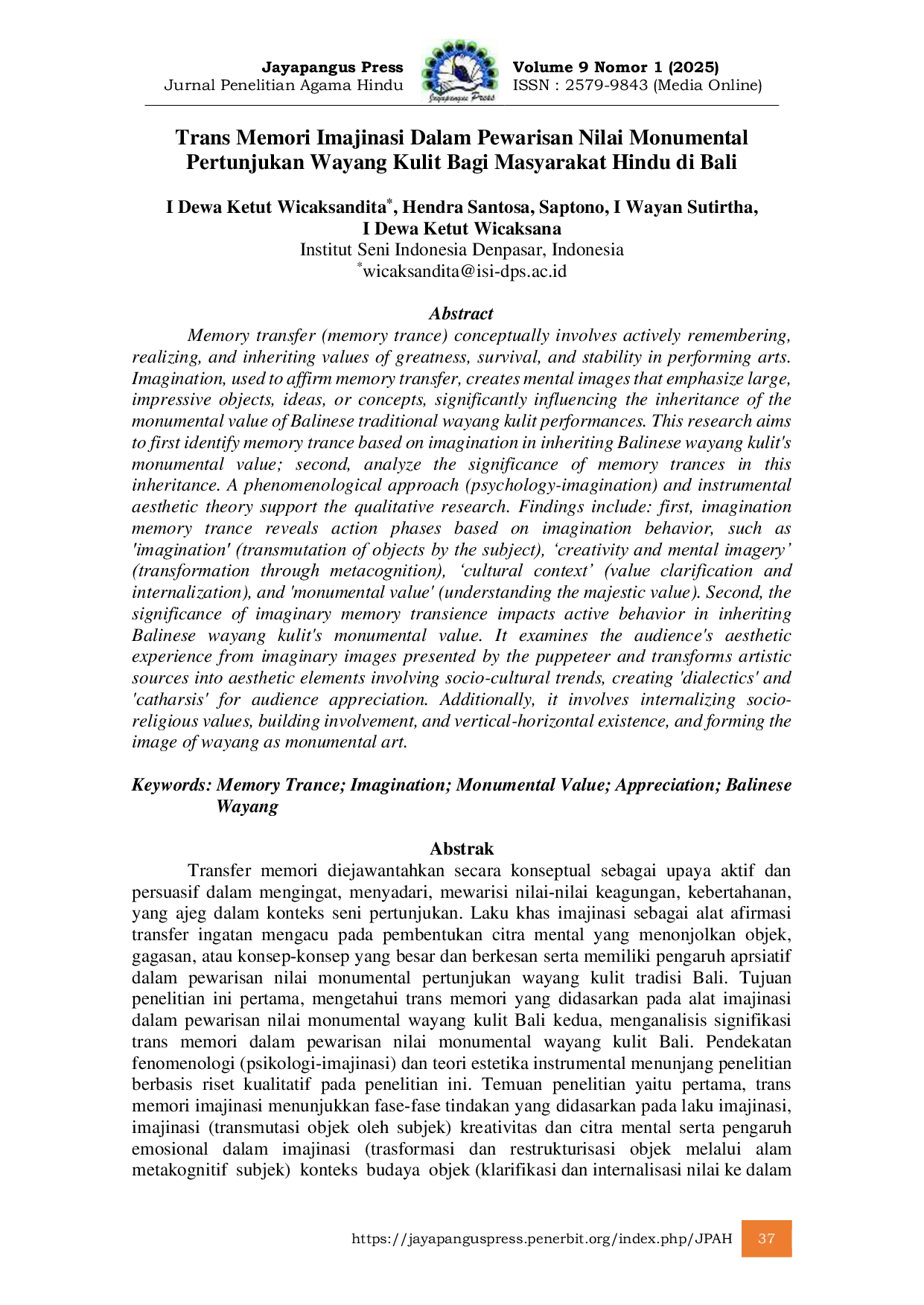 JURIS Trans Memori Imajinasi Dalam Pewarisan Nilai Monumental Pertunjukan Wayang Kulit Bagi Masyarakat Hindu di Bali