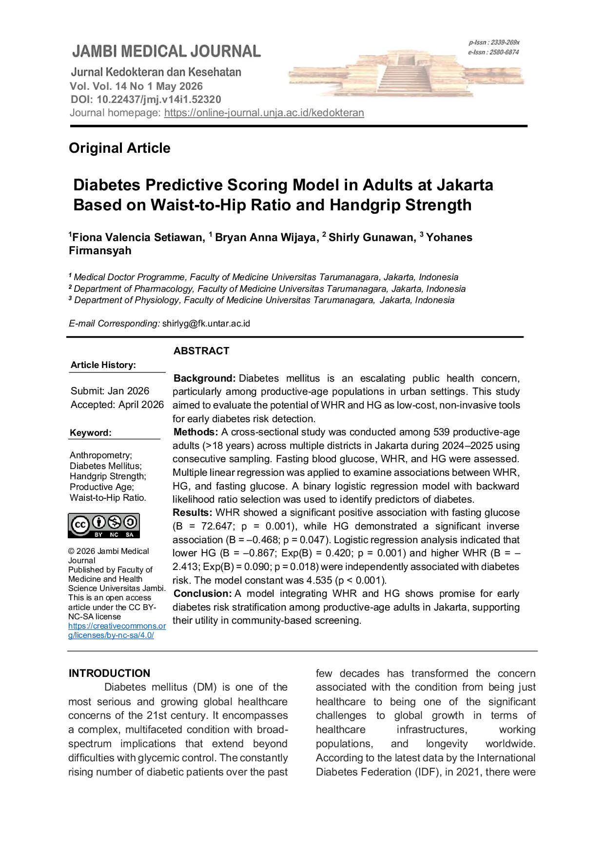 JURIS Diabetes Predictive Scoring Model in Adults at Jakarta Based on Waist to Hip Ratio and Handgrip Strength