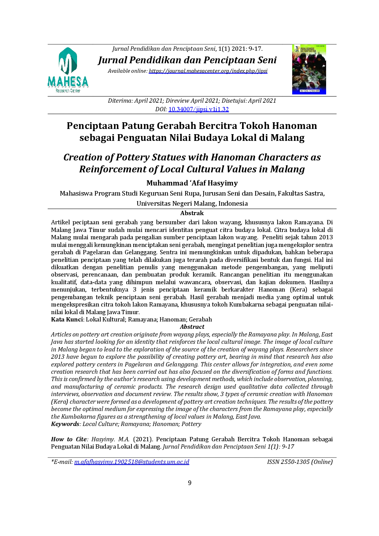 juris Penciptaan Patung Gerabah Bercitra Tokoh Hanoman sebagai Penguatan Nilai Budaya Lokal di Malang