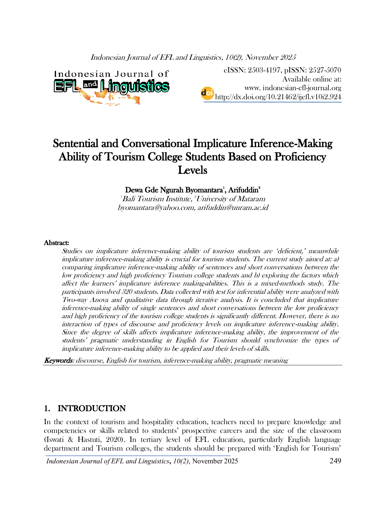 JURIS Sentential and Conversational Implicature Inference Making Ability of Tourism College Students Based on Proficiency Levels