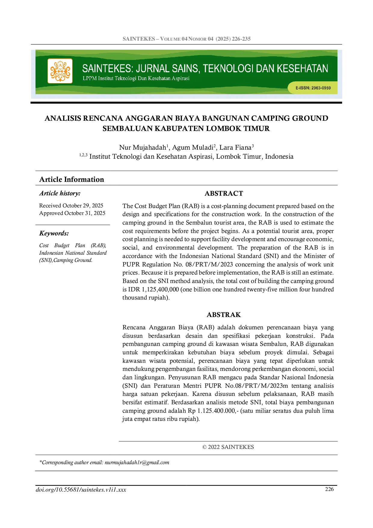 JURIS Analisis Rencana Anggaran Biaya Bangunan Camping Ground Sembaluan Kabupaten Lombok Timur