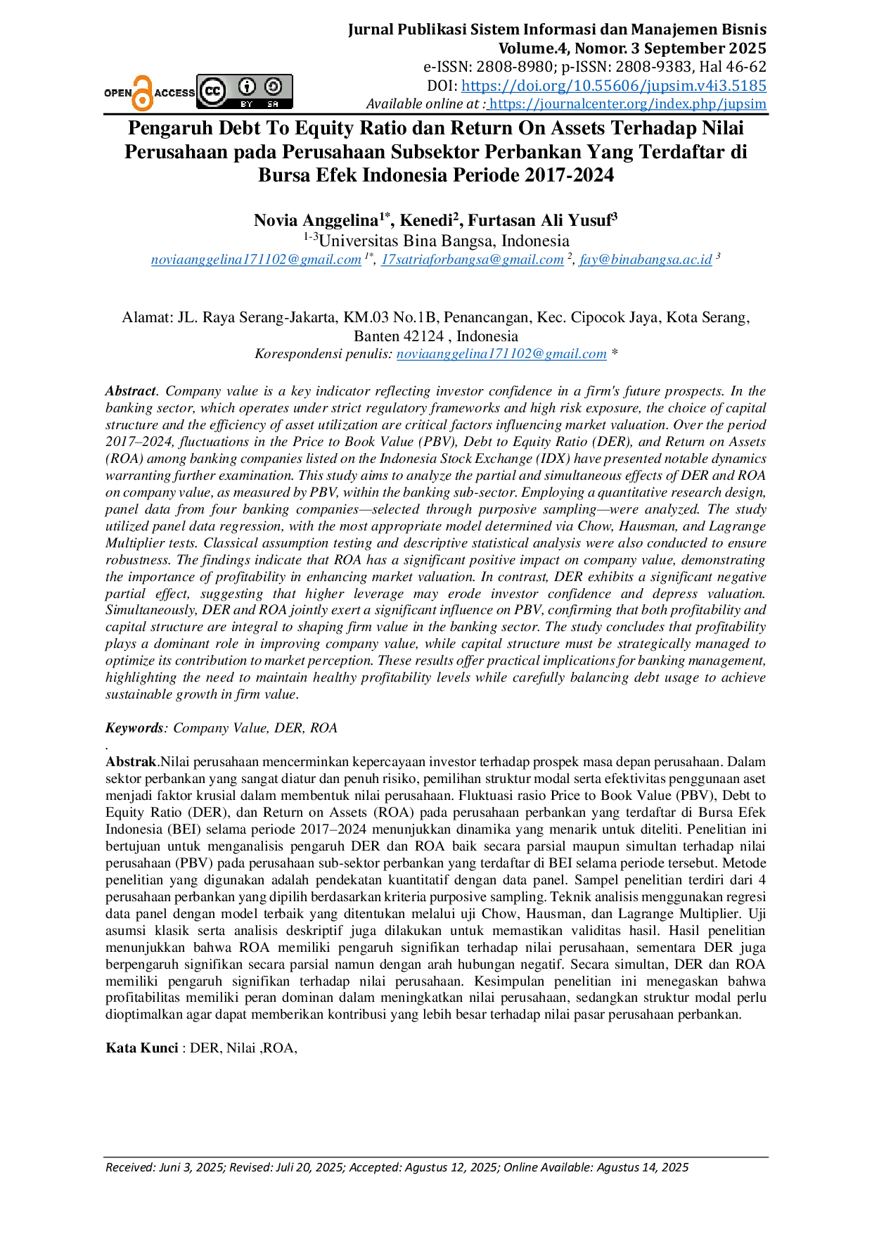 JURIS Pengaruh Debt To Equity Ratio dan Return On Assets Terhadap Nilai Perusahaan pada Perusahaan Subsektor Perbankan Yang Terdaftar di Bursa Efek Indonesia Periode 2017 2024